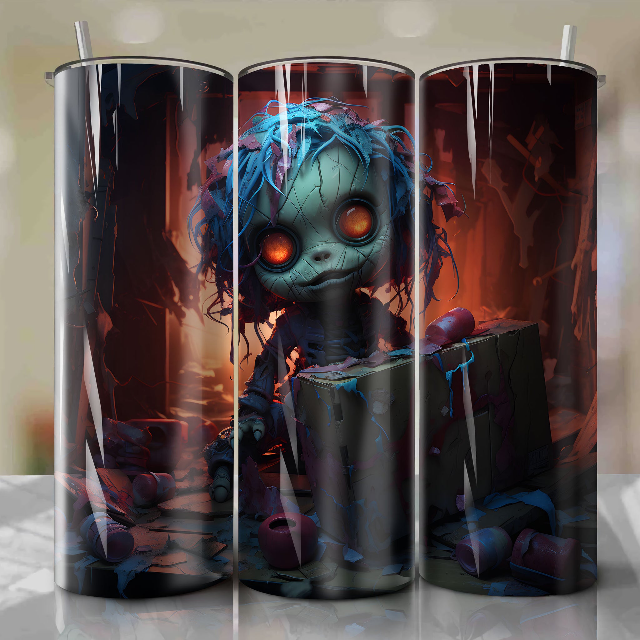 Tumbler Wrap - Chilling 3D Rendering of a Possessed Doll Emerging from a Damaged Toy Box