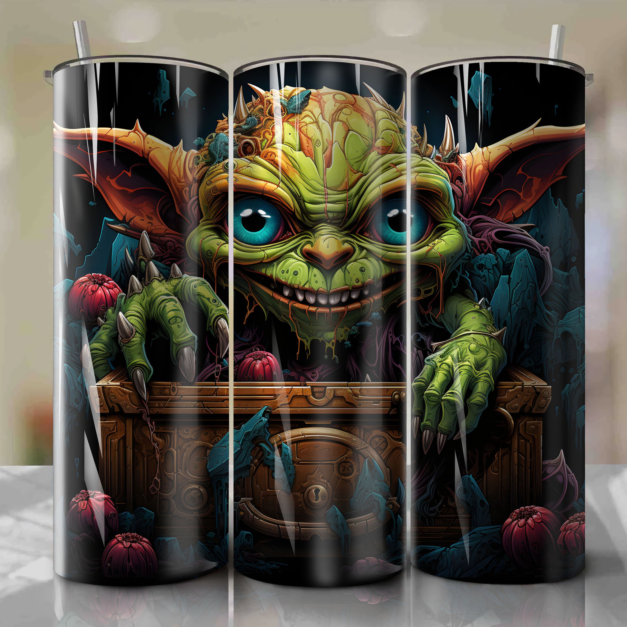 Vibrant 3D Goblin Peeking Out from Broken Treasure Chest - Tumbler Wrap for 20 oz Straight Tumblers