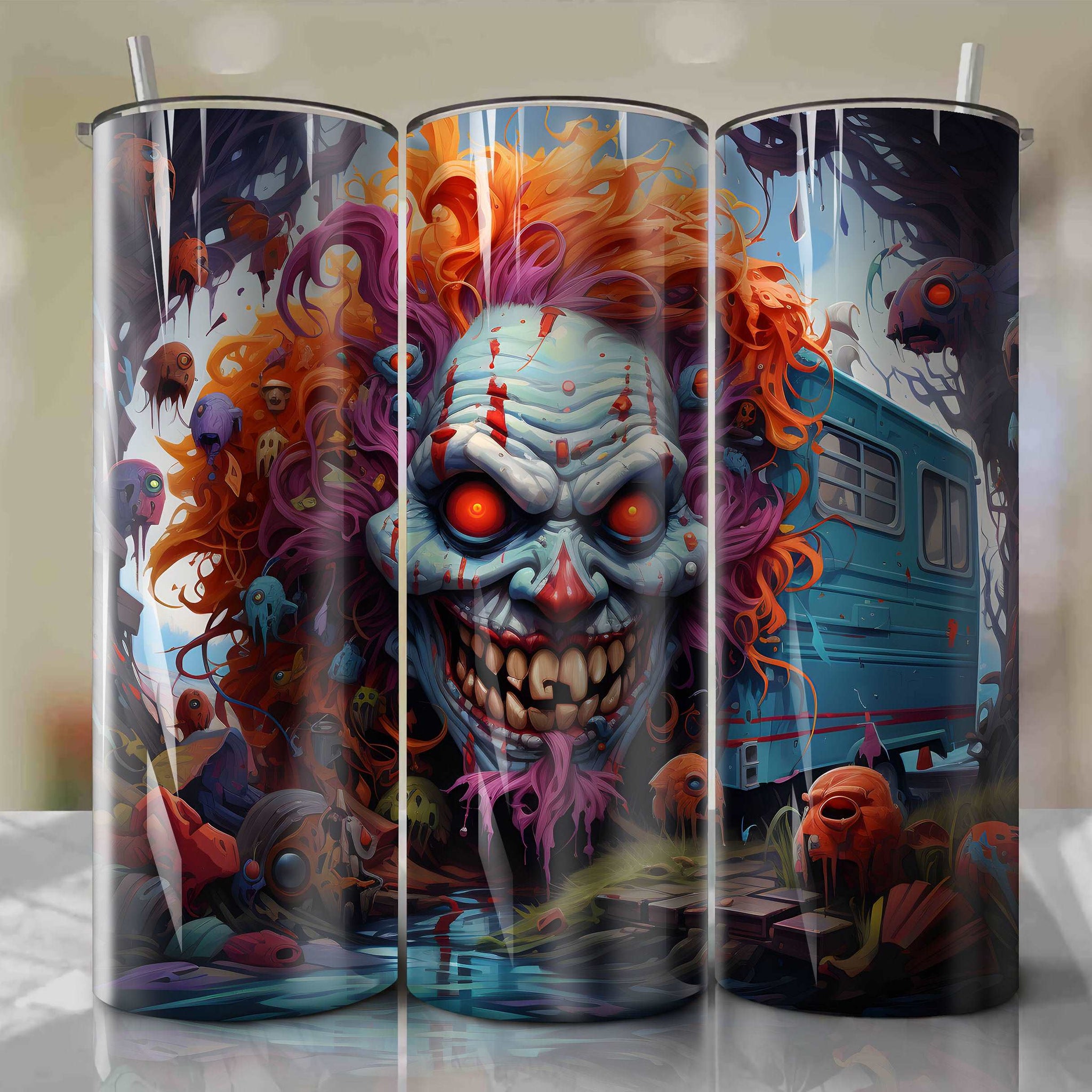 20oz Tumbler Wrap - Colorful 3D Picture - Creepy Clown Makeup Design