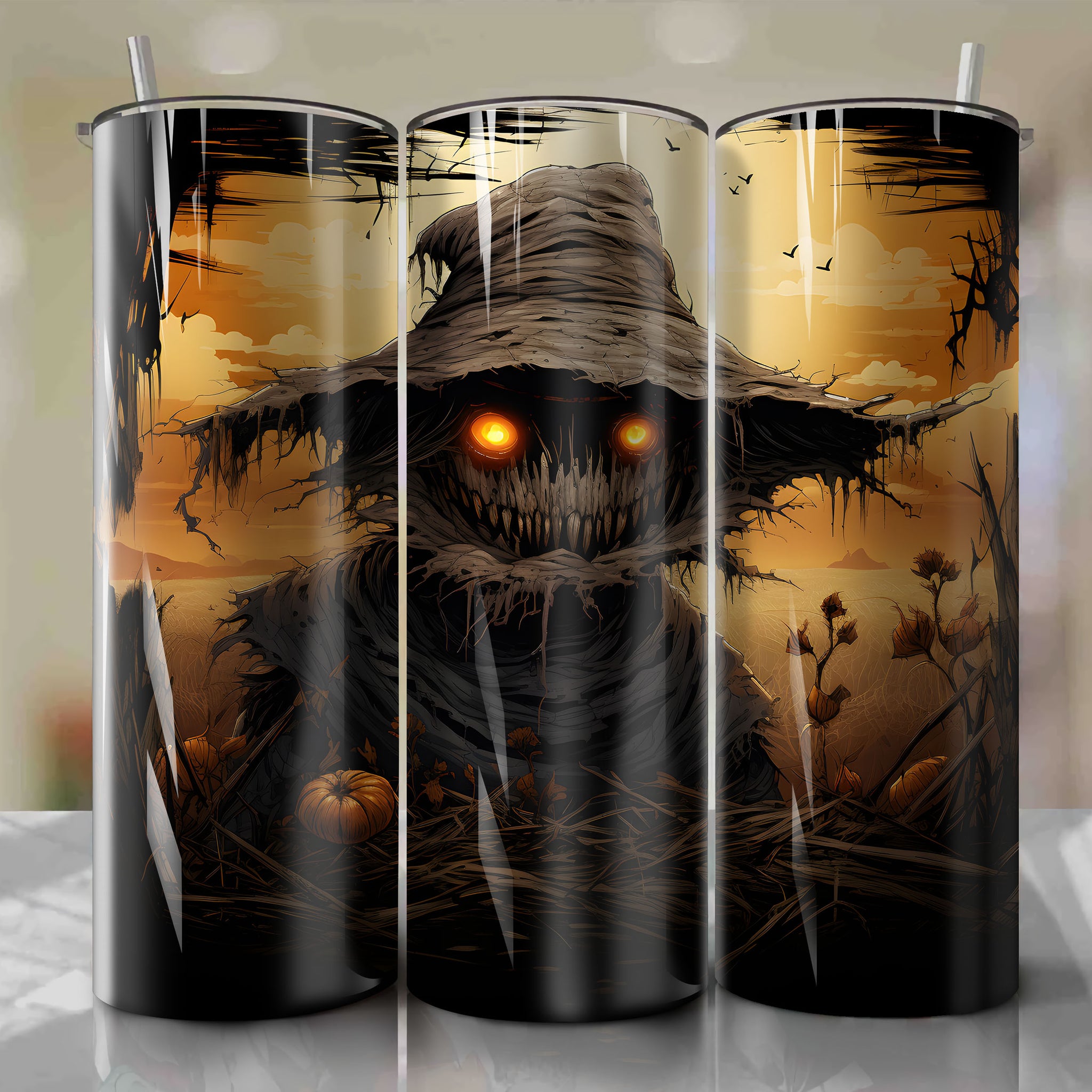 Eerie Scarecrow Burlap Sack Tumbler Wrap - Rustic 3D Illustration