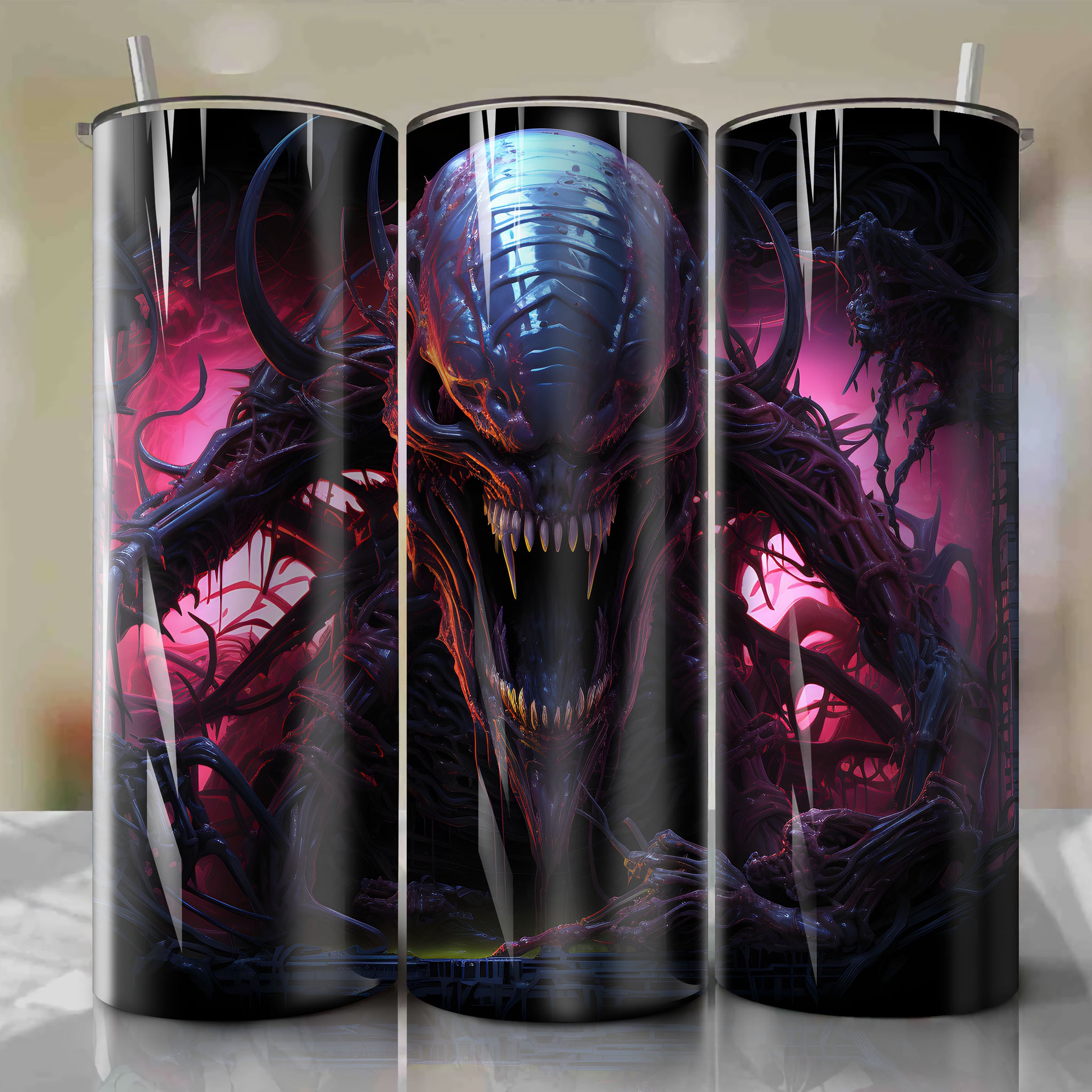 Sci-Fi Tumbler Wrap - Xenomorph Alien Bursting Out of Shattered Chest Cavity - Dynamic 3D Artwork