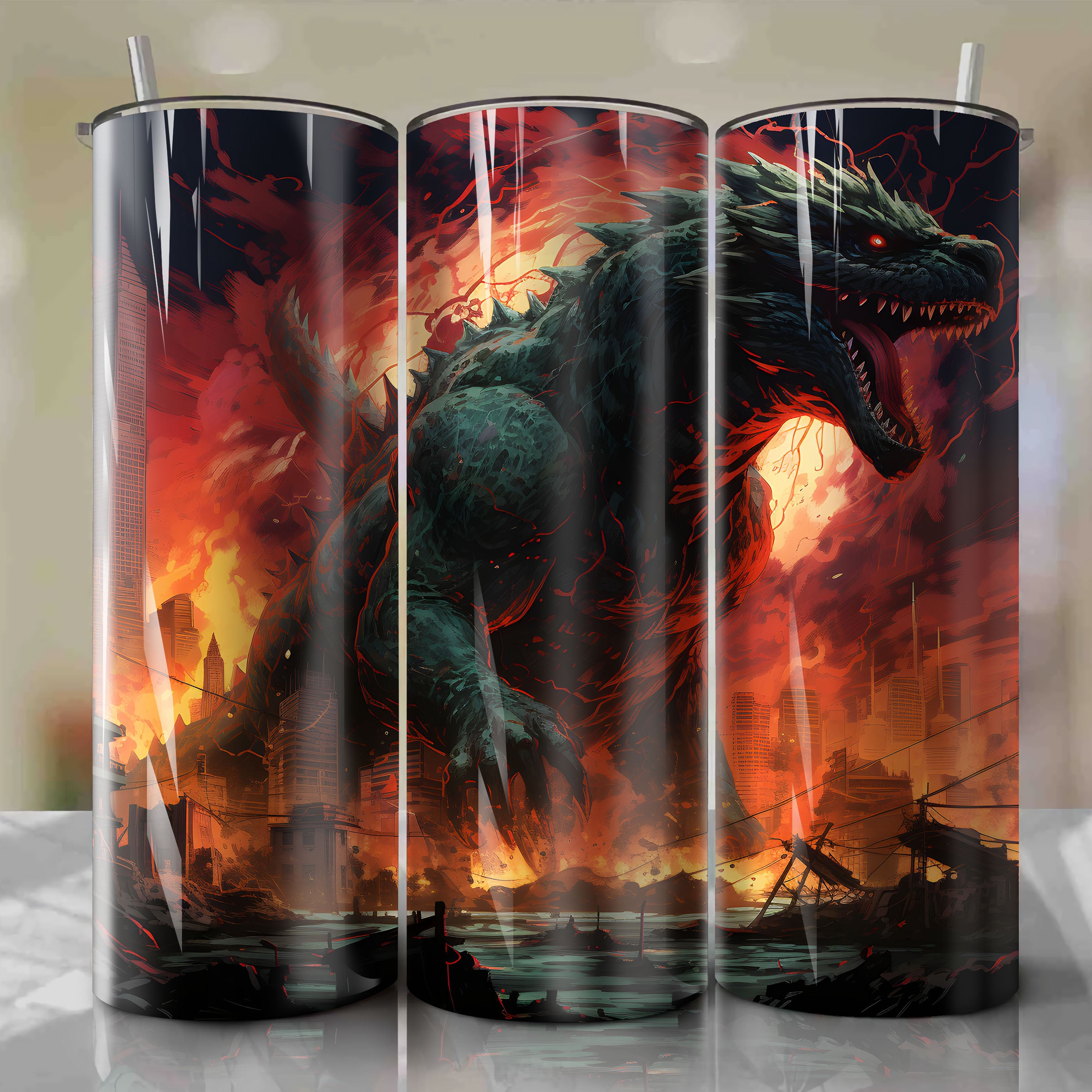 Colorful 3D Godzilla Tumbler Wrap - Spiked Tail Smashing Buildings, Ru