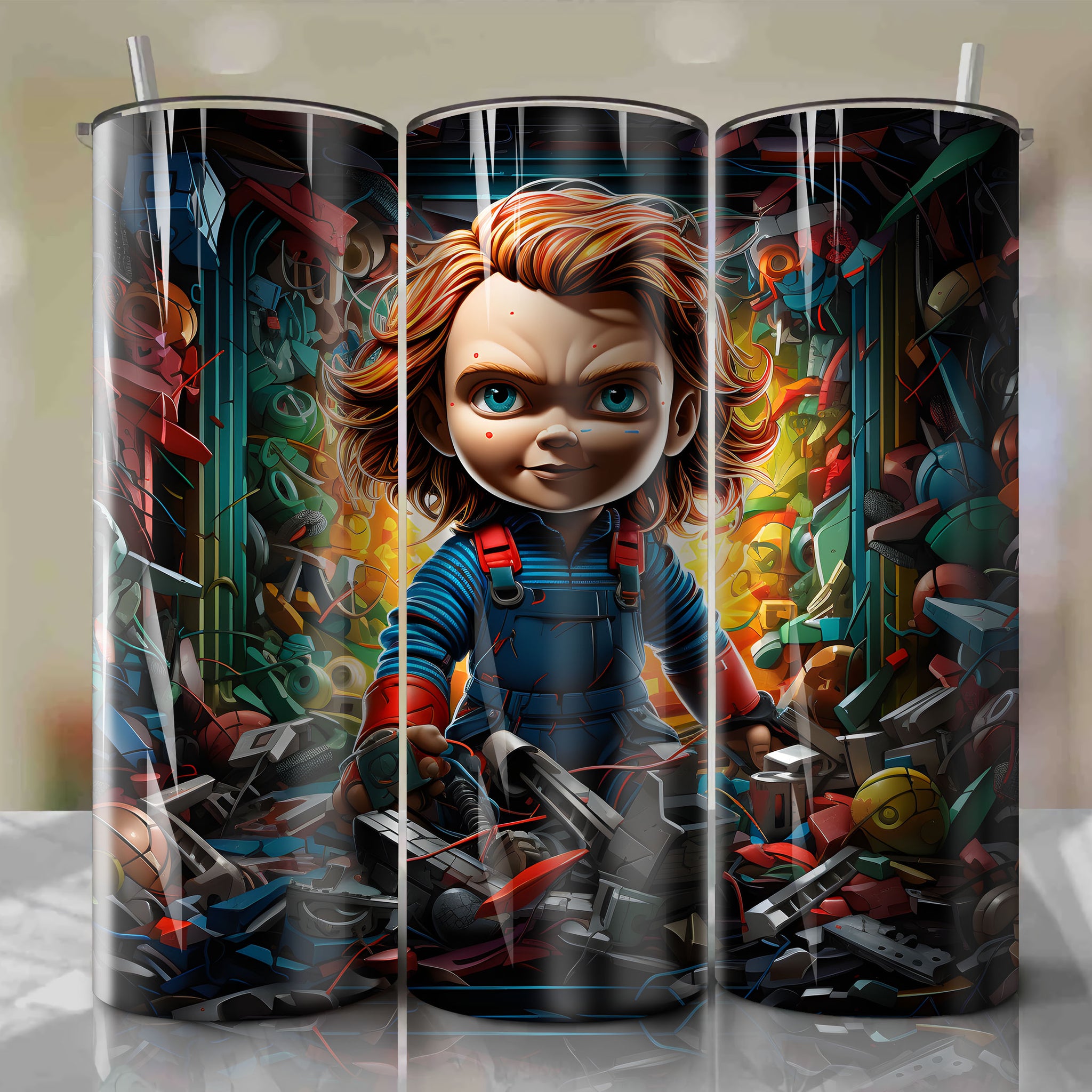 Tumbler Wrap: Dynamic 3D Artwork of Chucky Breaking Out of Crushed Dollhouse Surrounded by Scattered Toys