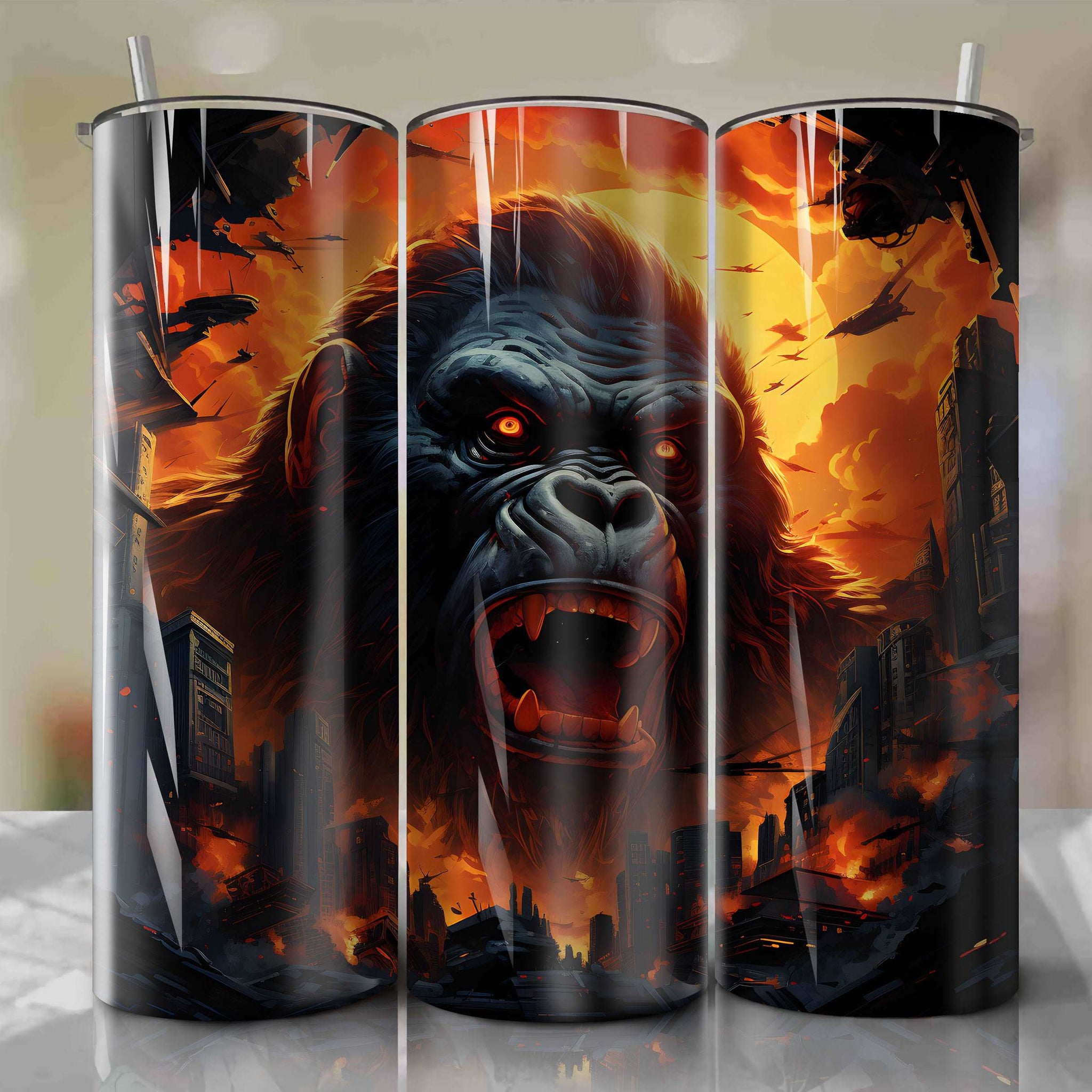 Artistic 3D Rendering of King Kong Breaking Through Cracked Skyscraper Windows | Helicopters Circling | Tumbler Wrap PNG Design for 20 oz Straight Tumblers