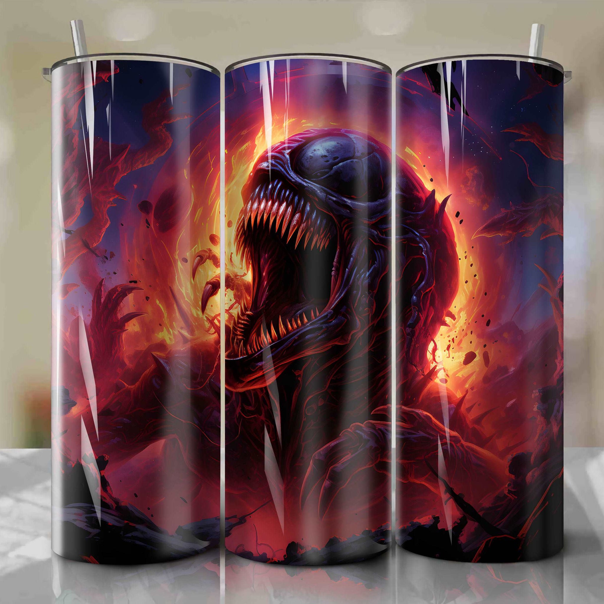 Alien Bursting Out of Fractured Spaceship Hull - Vivid 3D Tumbler Wrap Set Against Starry Cosmos Background