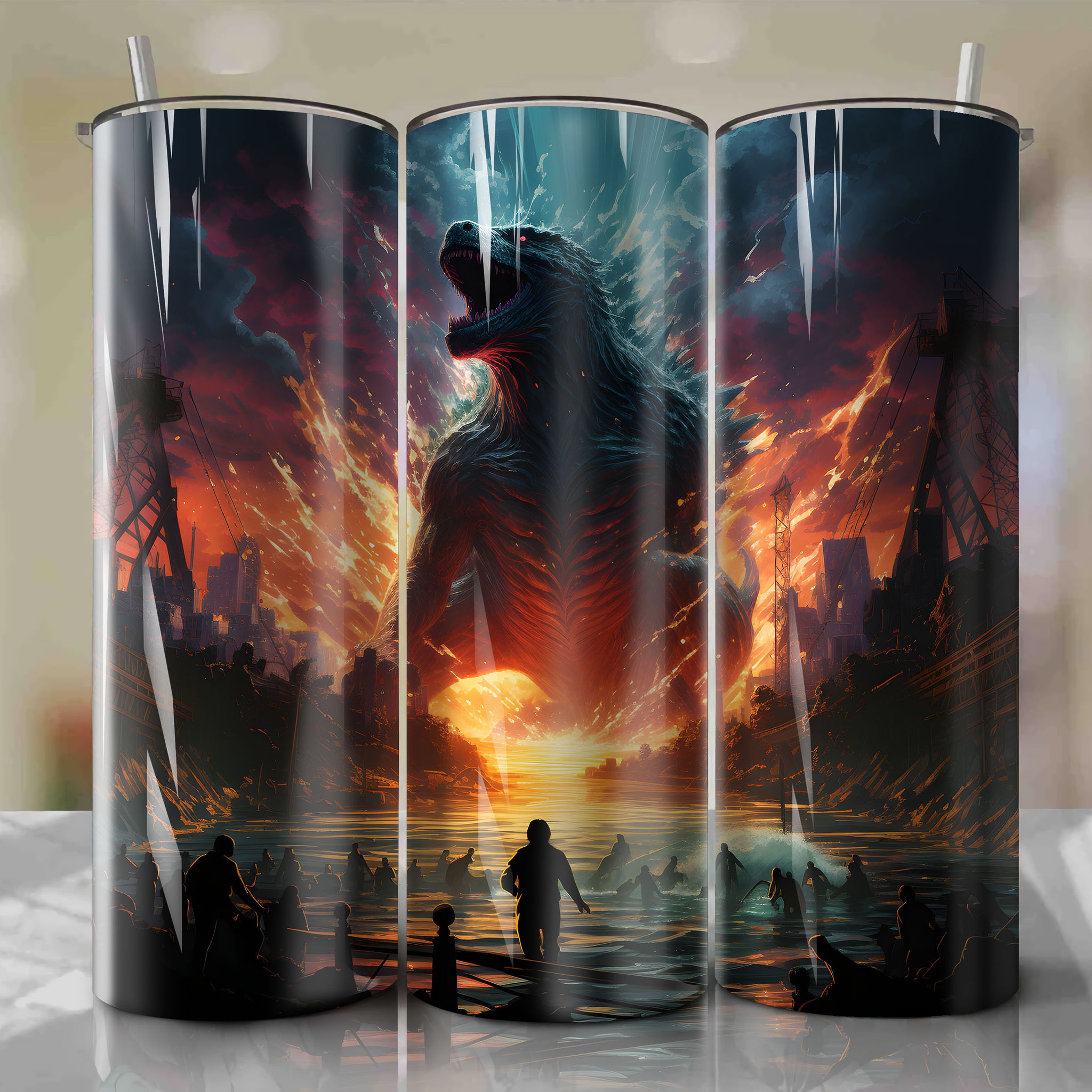 Colorful 3D Godzilla Tumbler Wrap Design with Shattered Bridge Ruins - Panicked Crowds Fleeing