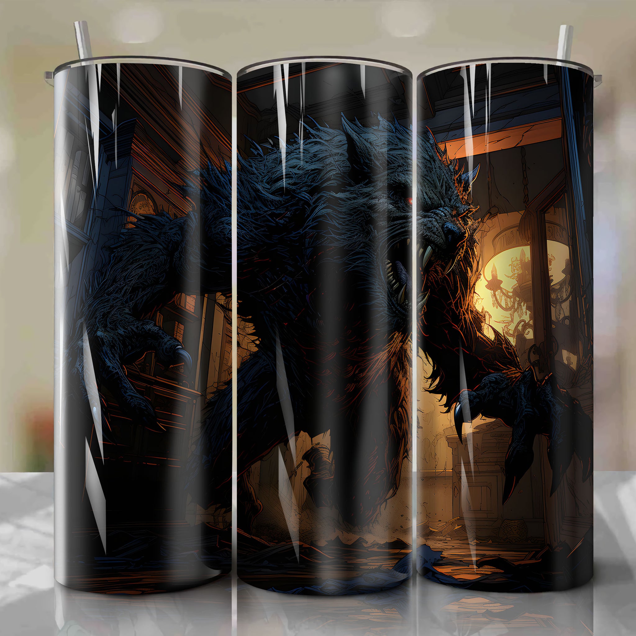 Tumbler Wrap - Wolfman Clawed Hand 3D Rendering on Splintered Floorboards - Victorian Mansion Theme