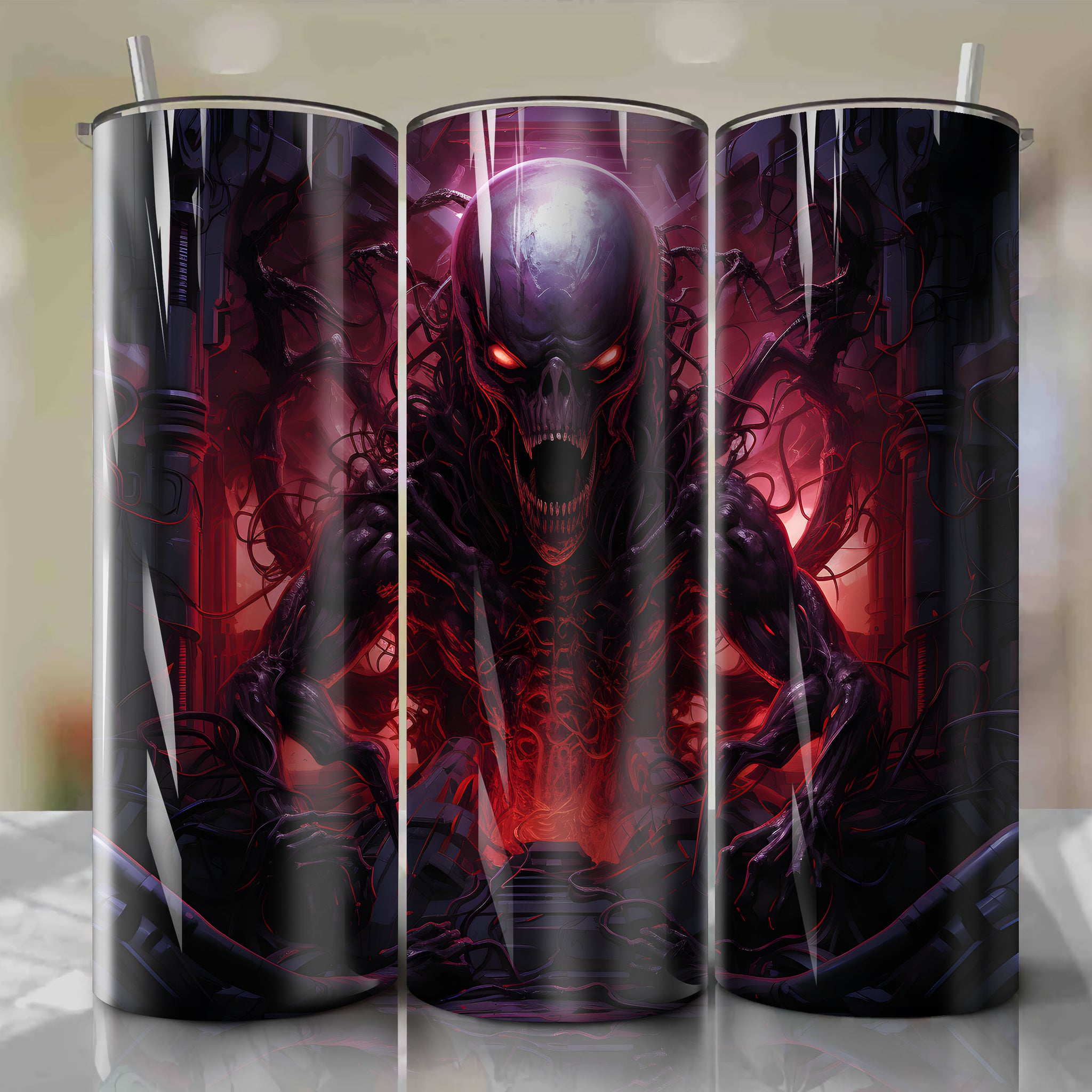 Sci-Fi Alien Xenomorph Bursting Out of Shattered Chest Cavity - Dynamic 3D Tumbler Wrap PNG Product for 20 oz Straight Tumblers