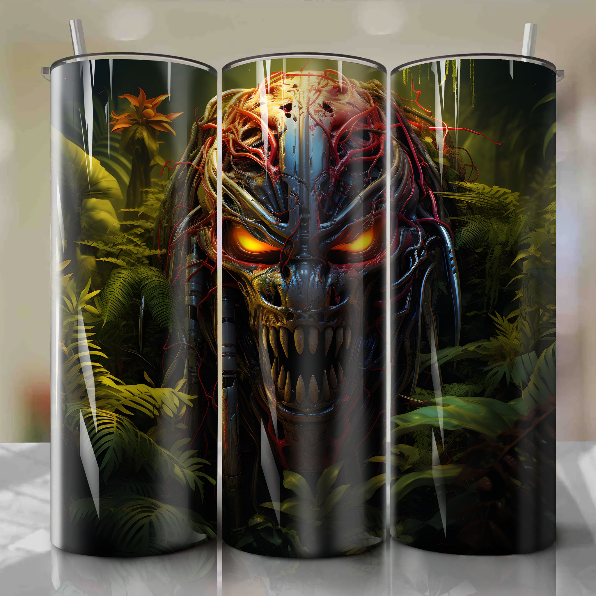 Tumbler Wrap for 20 oz Straight Tumblers - Colorful Predator 3D Rendering - Alien Jungle Foliage