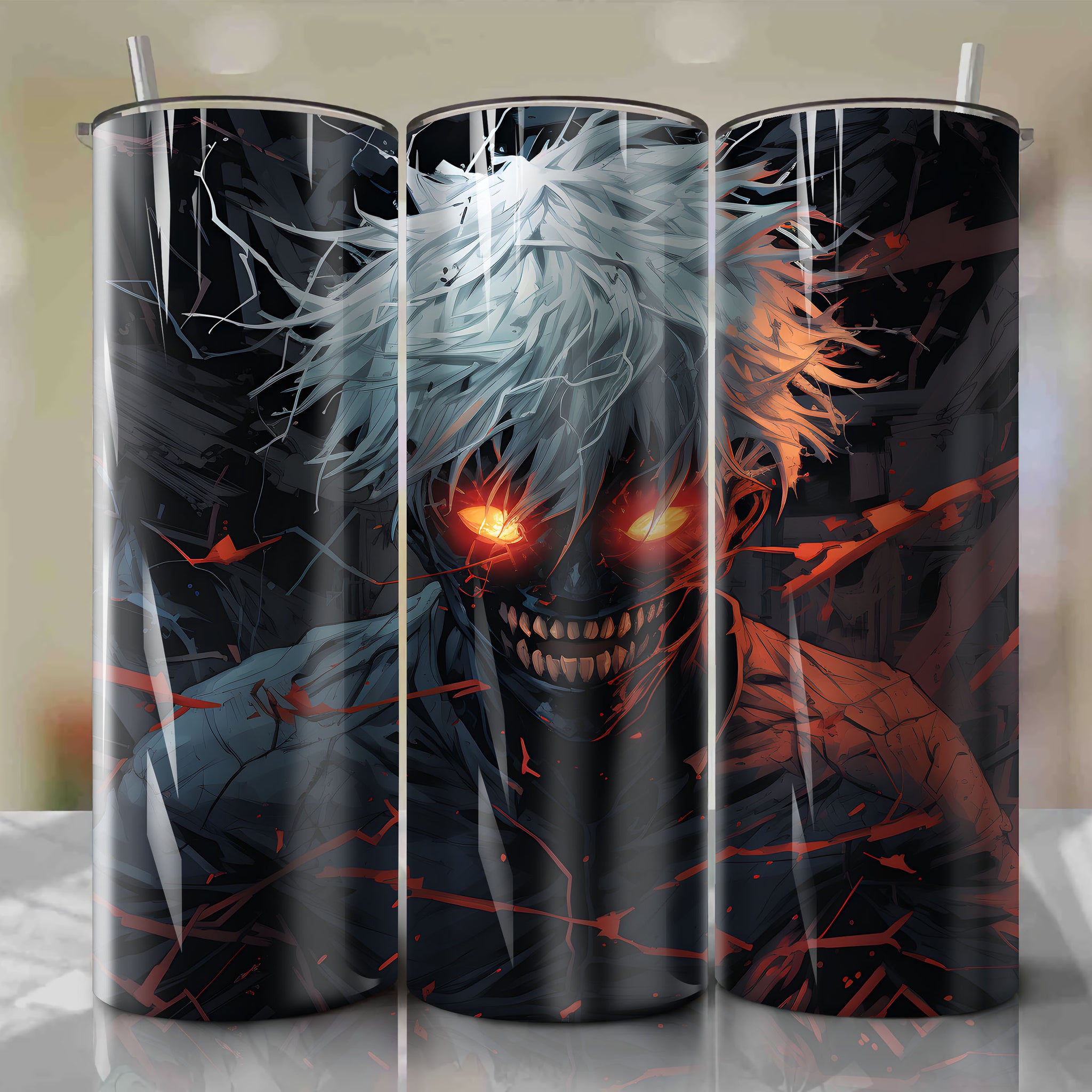 Tokyo Ghoul Kaneki Ken Crack Mask 20 oz Tumbler Wrap - Horror-themed 3D Illustration