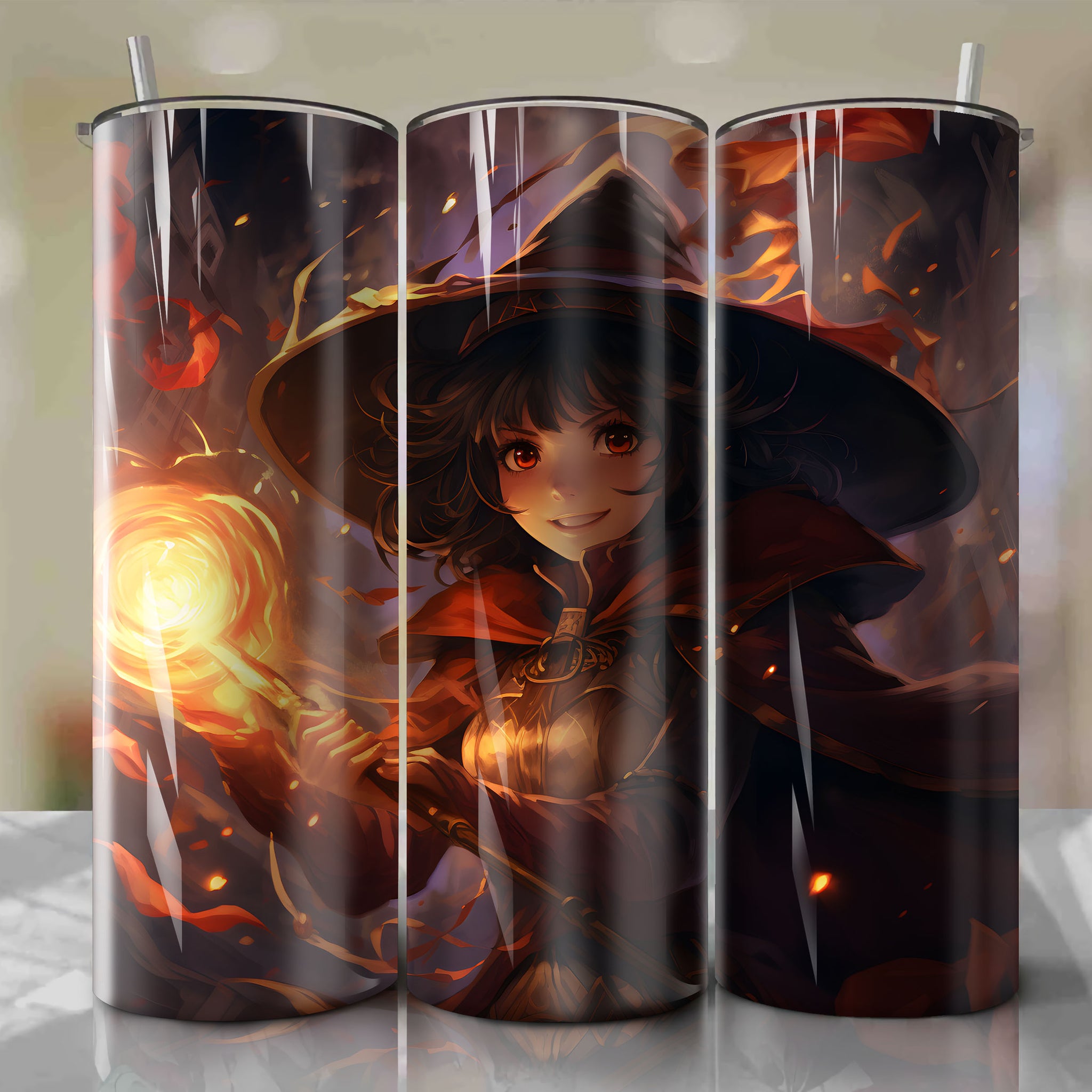 Megumin from Konosuba Explosion Magic Form, Cracked Staff 3D Illustration - Comedic Fantasy PNG Tumbler Wrap