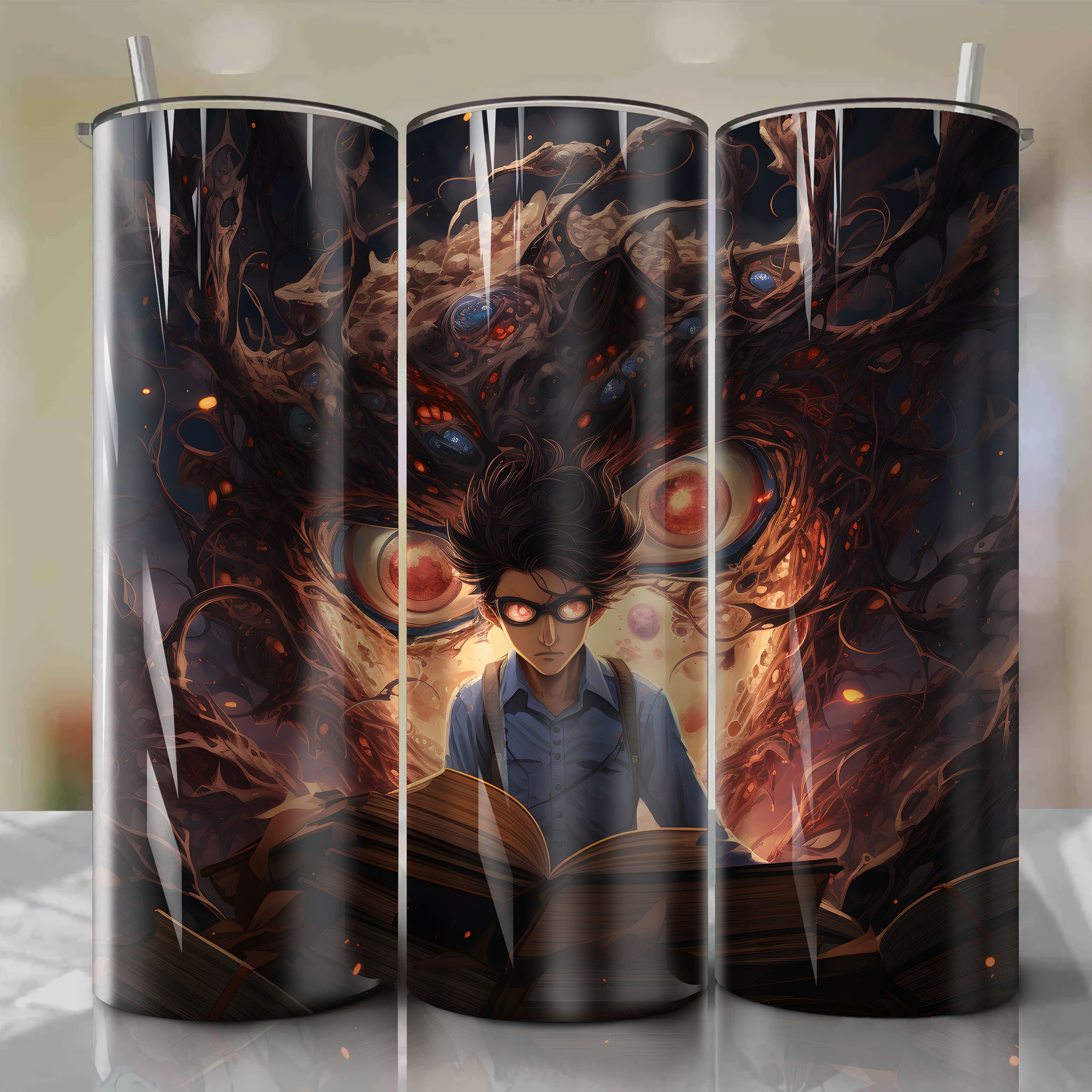 Surreal 3D Tumbler Wrap with Shinichi Izumi from Parasyte and Migi Symbiotic Form - High-Quality PNG Design