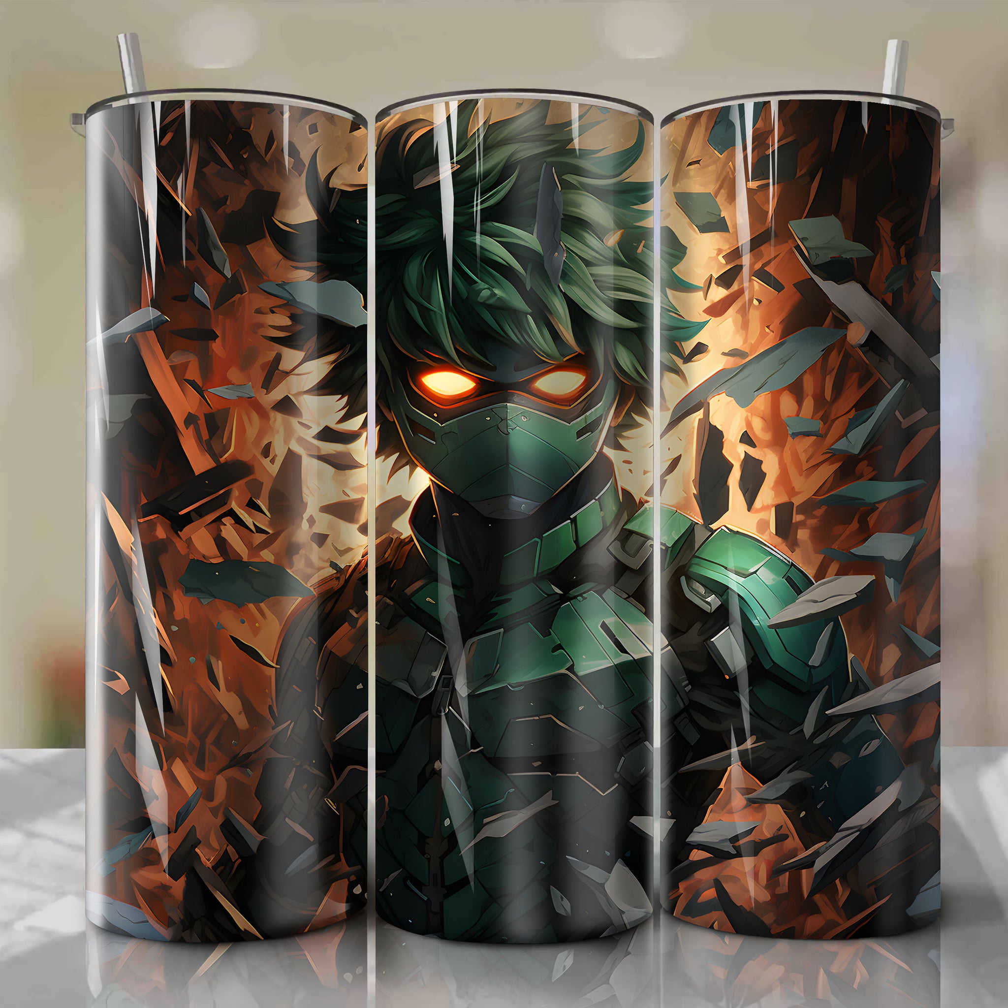 Heroic Deku from My Hero Academia 3D Tumbler Wrap | One For All Tear in Mask Design