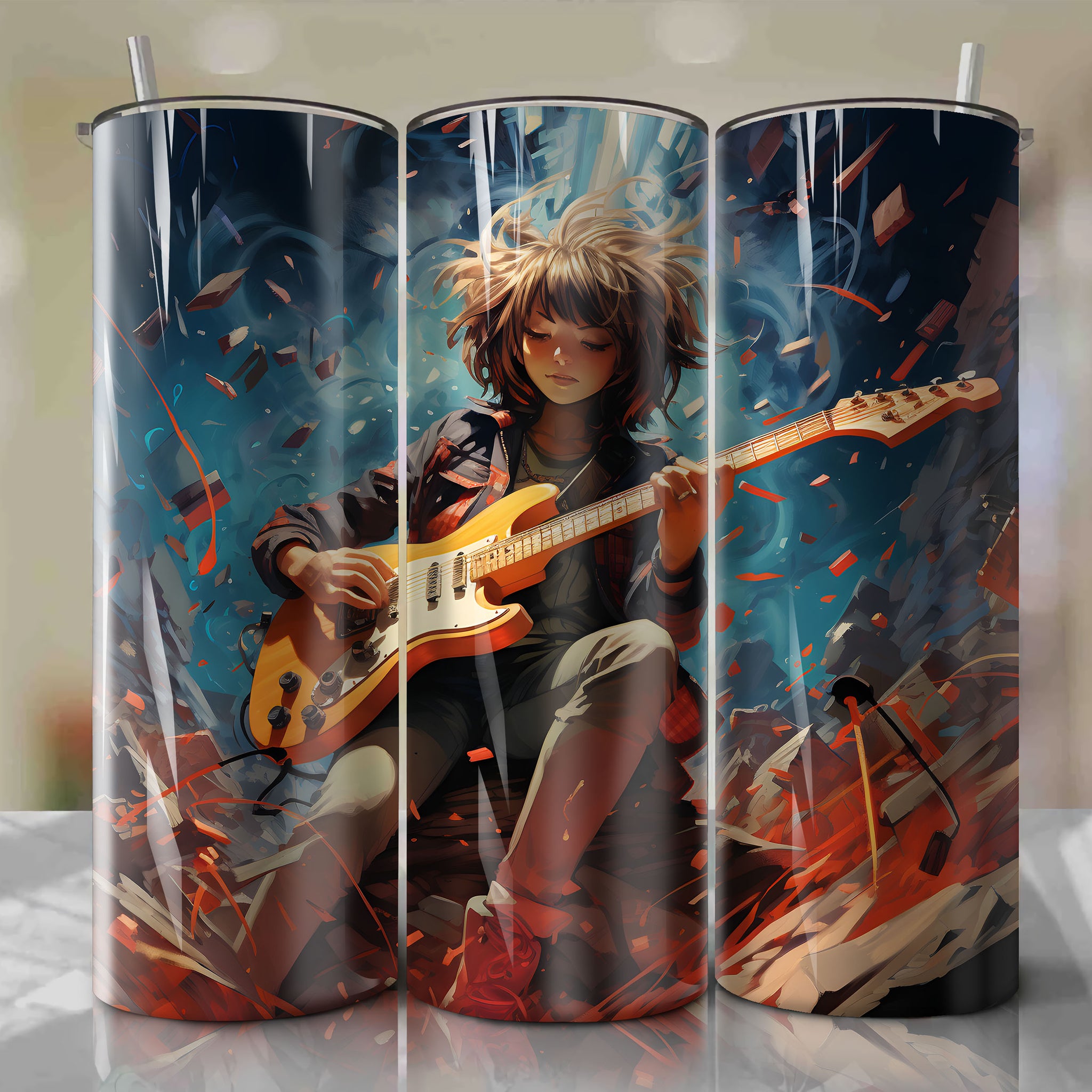 Tumbler Wrap for 20 oz Straight Tumblers - Surreal 3D Illustration of Haruko Haruhara from FLCL Bursting Out of Rickenbacker Bass Guitar