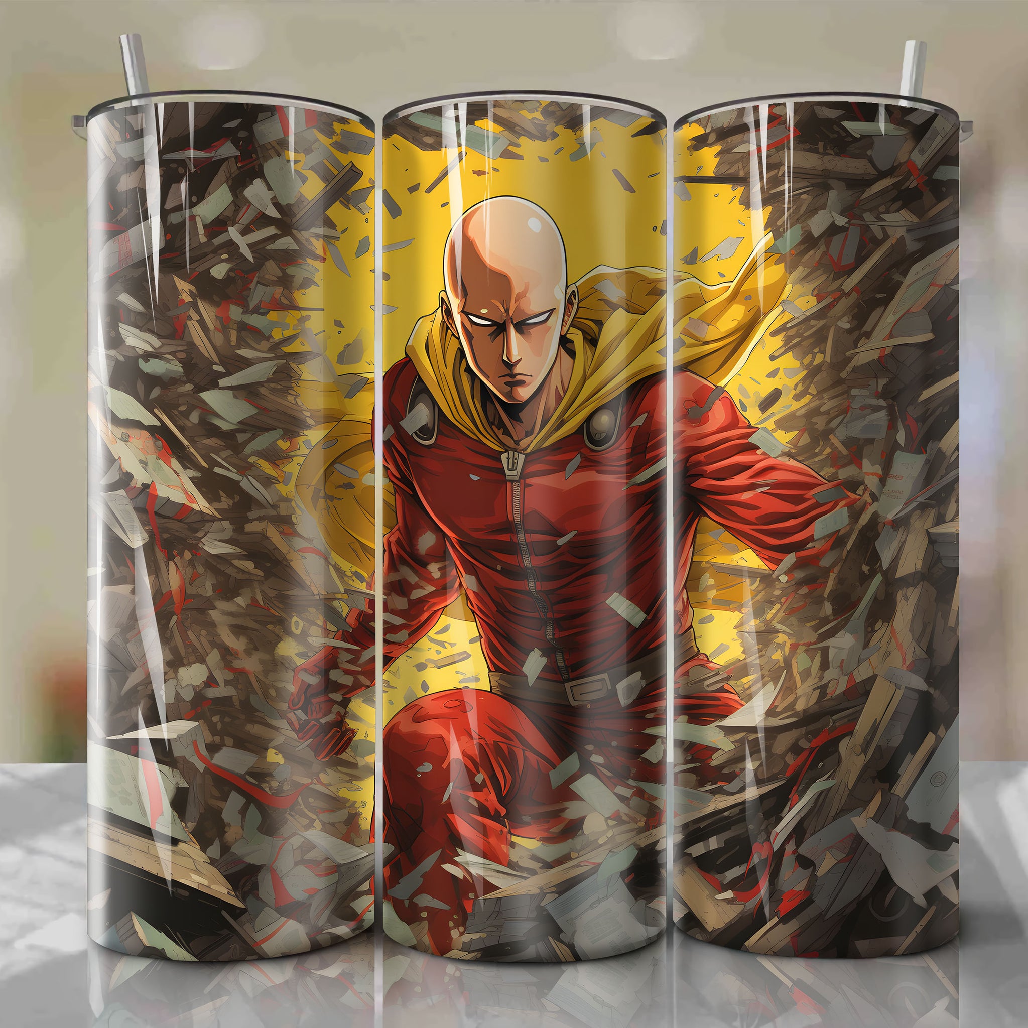 Tumbler Wrap Sale: Saitama from One Punch Man Hero Form 3D Illustration - Supermarket Sale Flyer