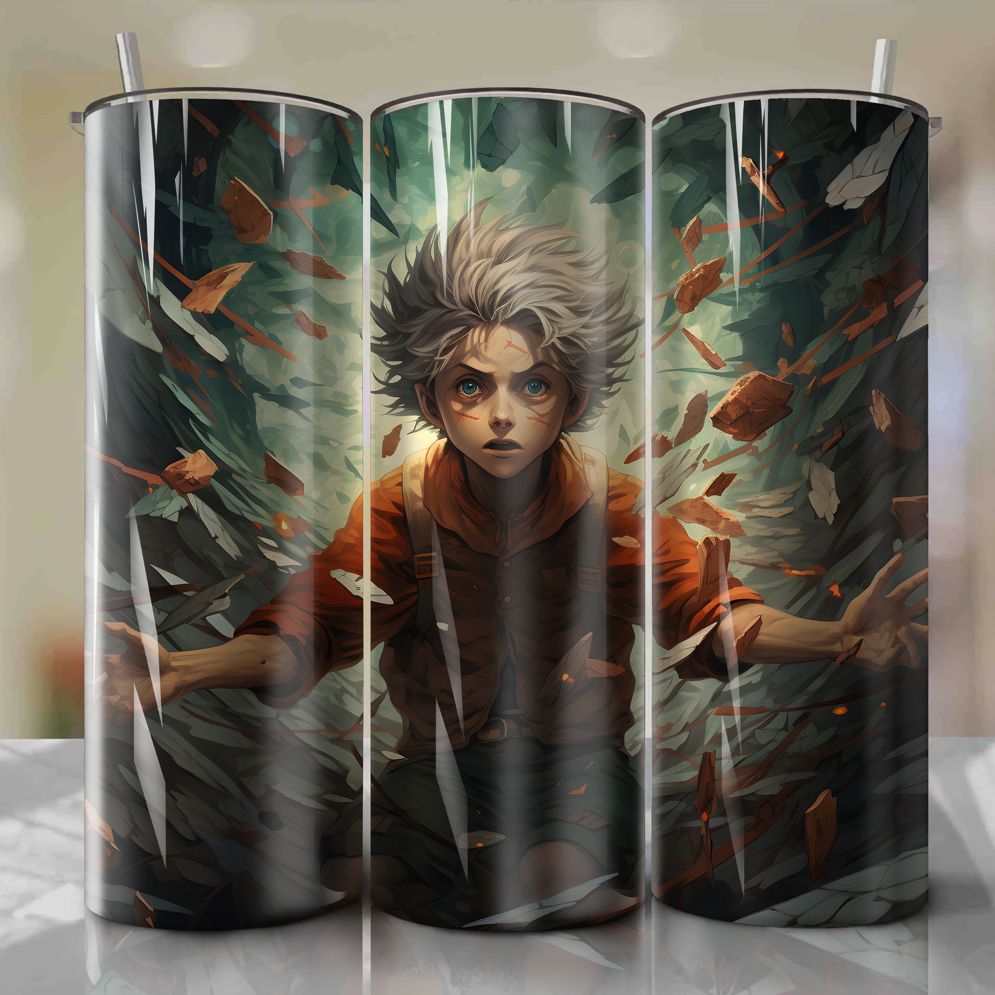 Sci-fi 3D Tumbler Wrap: Senku Ishigami from Dr. Stone Cracking Petrified Swallow Design