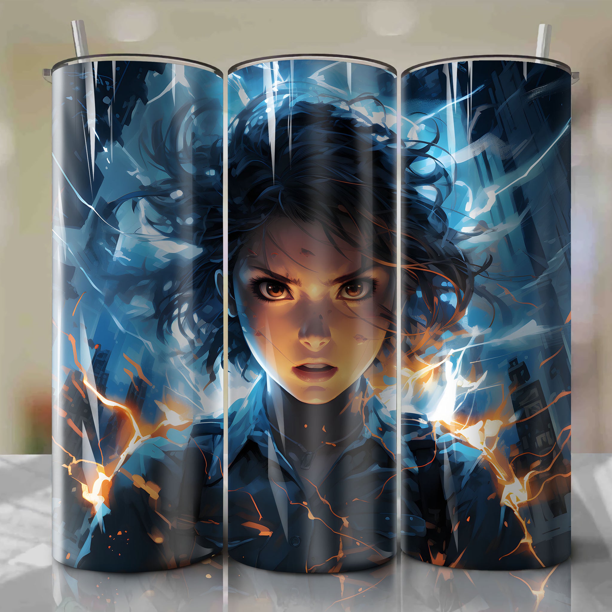 Tumbler Wrap for 20 oz Straight Tumblers - A Certain Scientific Railgun, Electromaster Form, Electrifying 3D Illustration