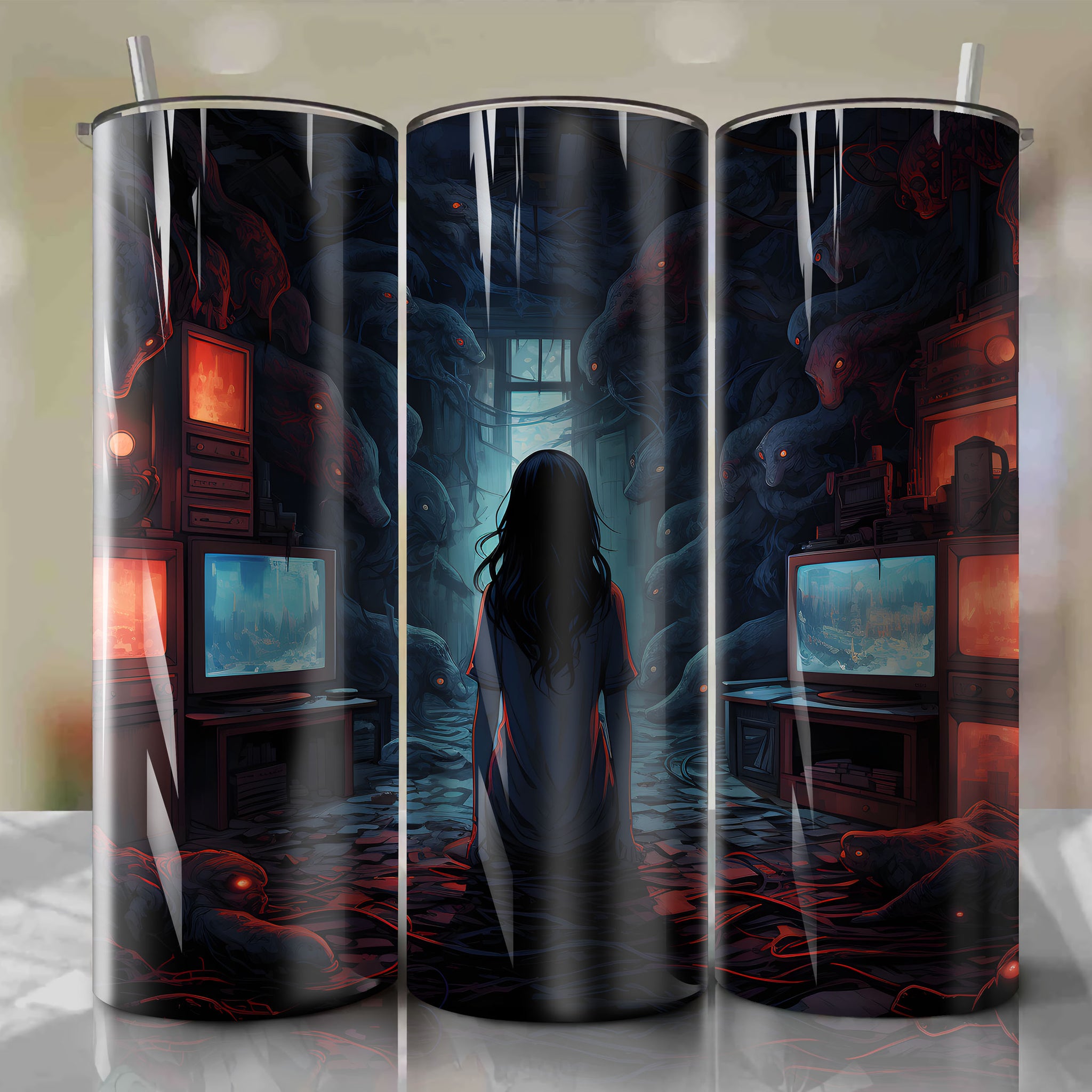 Tumbler Wrap for 20 oz Straight Tumblers - Dark and Creepy Design Inspired by Sadako Yamamura from Ringu