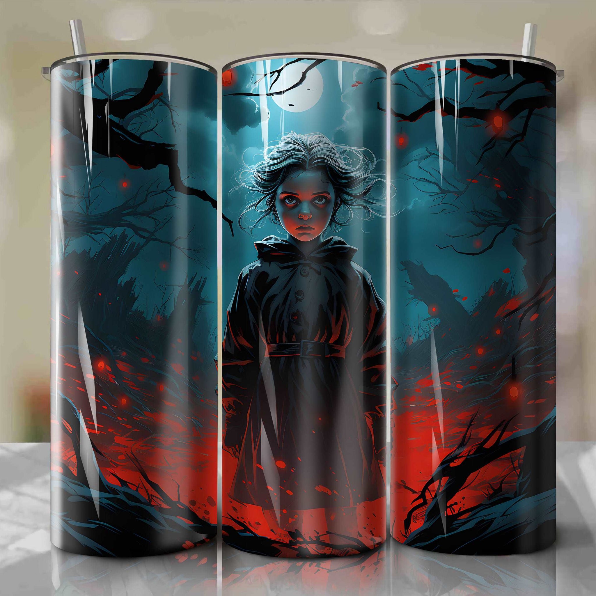 20 oz straight tumbler wrap for chilling, puritanical New England landscape with ominous surroundings featuring innocent face