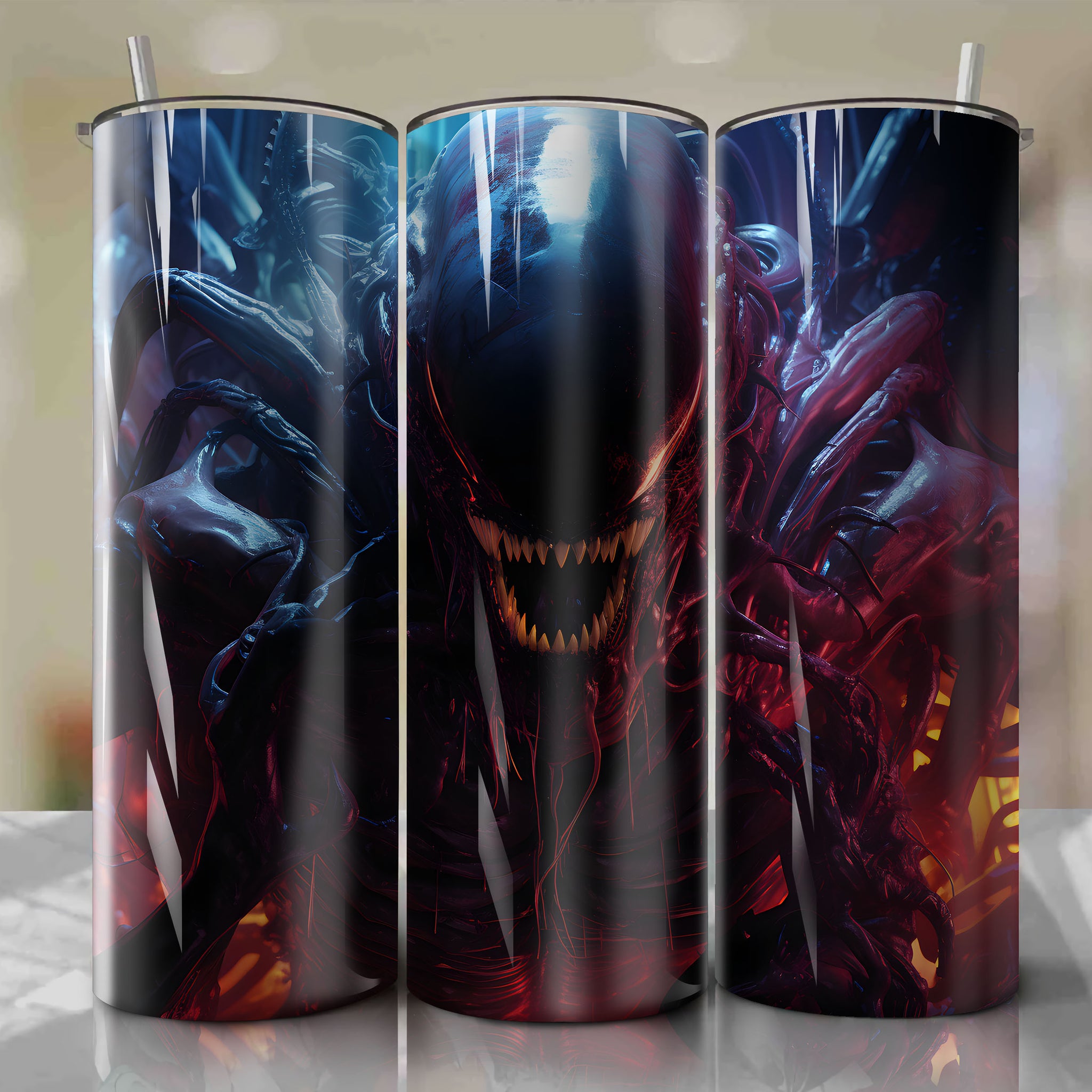 Tumbler Wrap for 20 oz Straight Tumblers - Xenomorph Alien Close-Up Image - Shadowed Biomechanical Design - Cold and Claustrophobic Atmosphere - Outer Space Theme