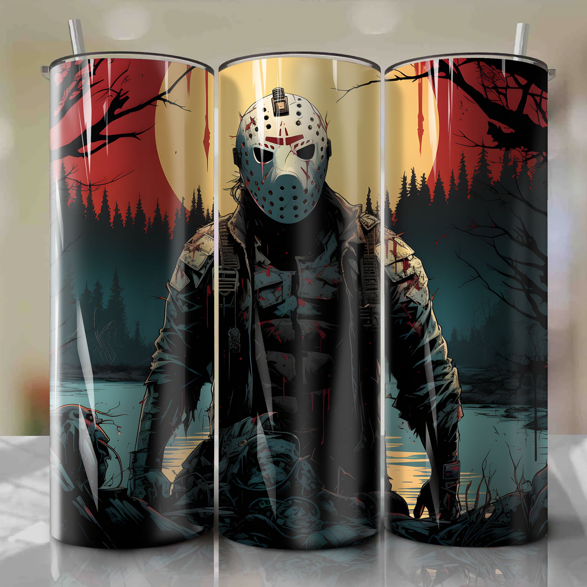 Friday the 13th Tumbler Wrap: Jason Voorhees Hockey Mask & Machete Design - Crystal Lake Horror Themed Illustration