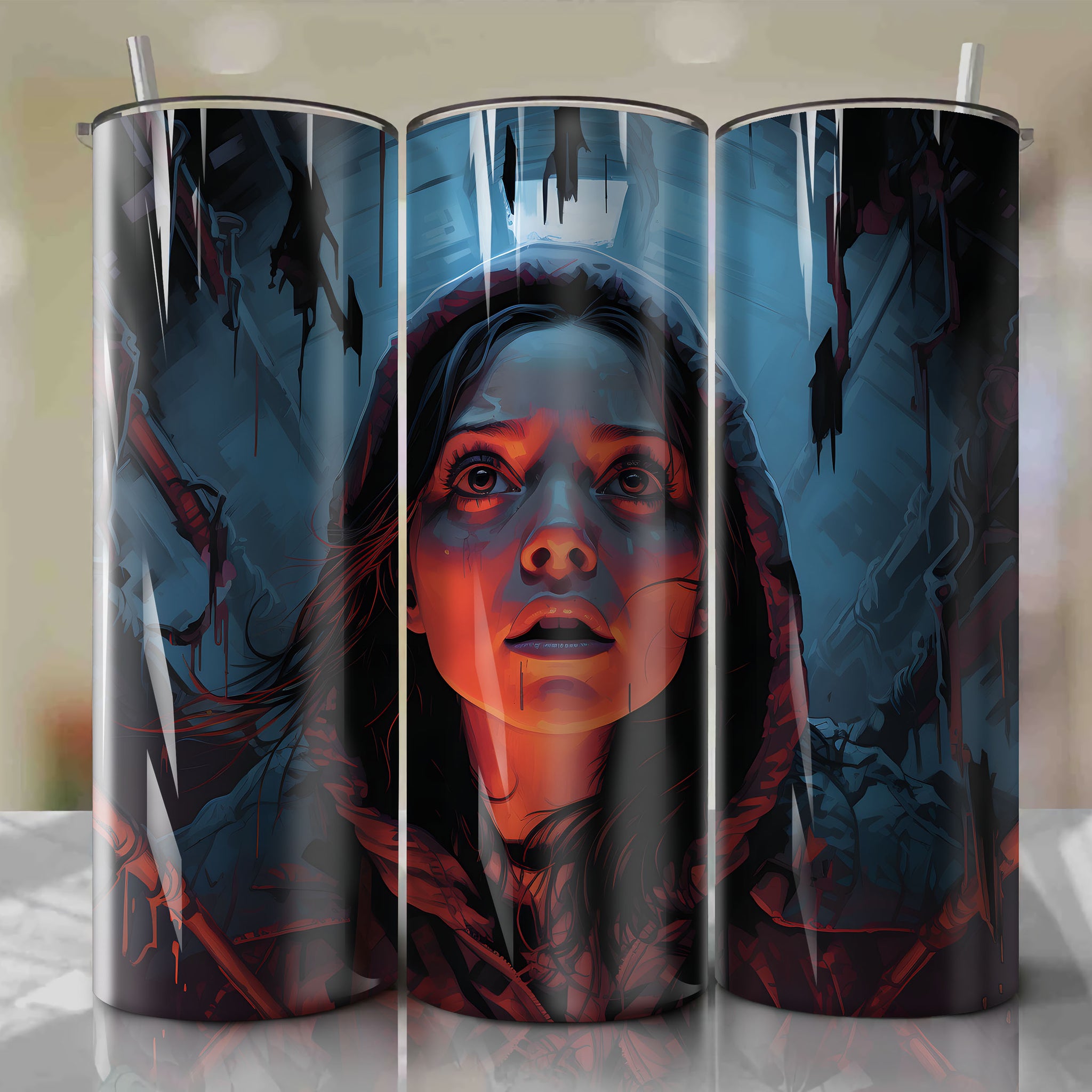 Tumbler Wrap for 20 oz Straight Tumblers - Close-up Colored Image of Clarice Starling in Eerie Basement with a Determined yet Fearful Expression - Psychological Horror Tumbler Wrap