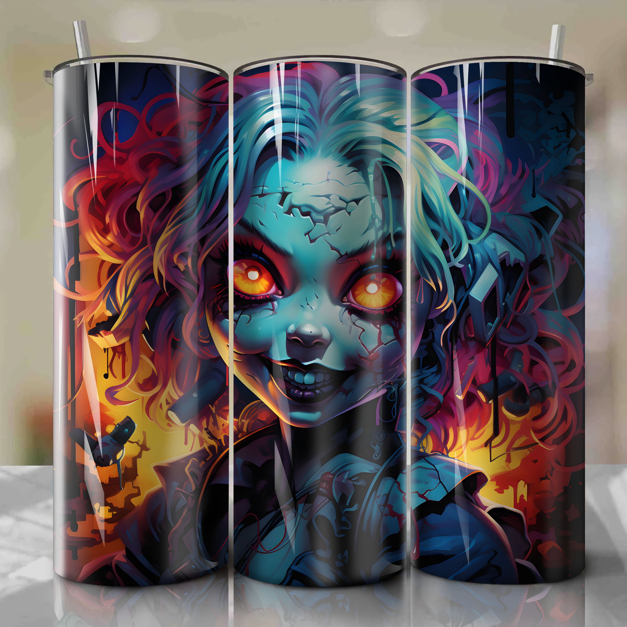 Tumbler Wrap for 20 oz Straight Tumblers - Valentine Bride of Chucky Neon Motel Room Horror Design