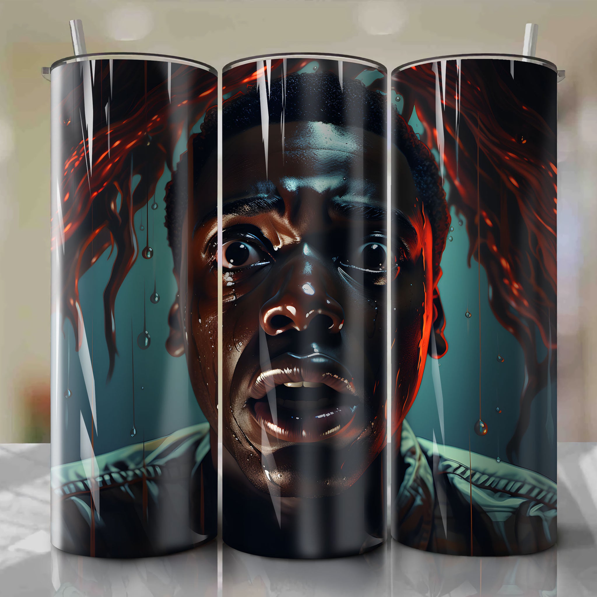 Surreal Horror Close-up of Chris Washington from Get Out - Tumbler Wrap Design for 20 oz Straight Tumblers - Hypnotic Sunken Place Design