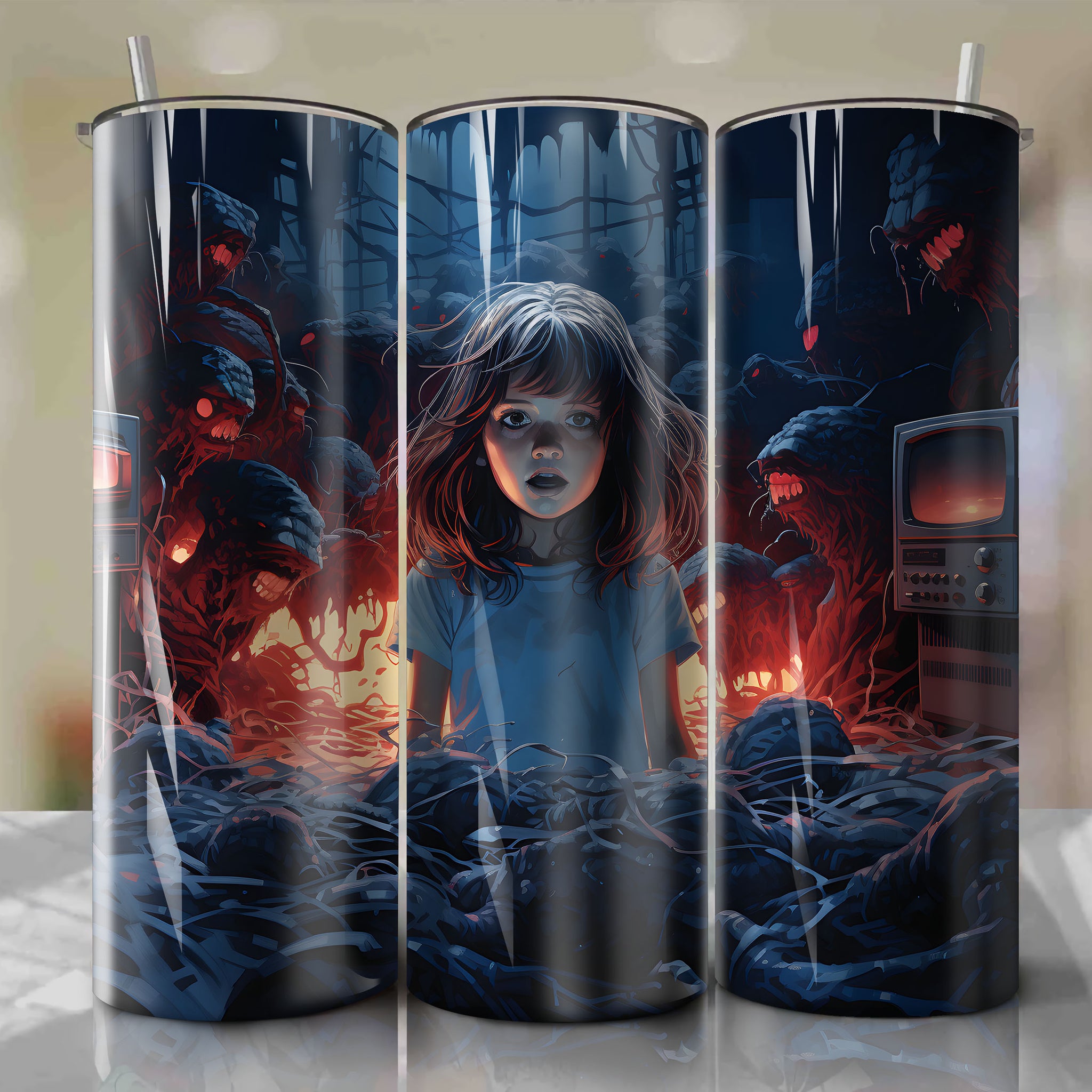 Tumbler Wrap for Poltergeist-Inspired Classic Horror Scene - Carol Anne Freeling in front of Static-Filled Television - Close-Up Colored Image