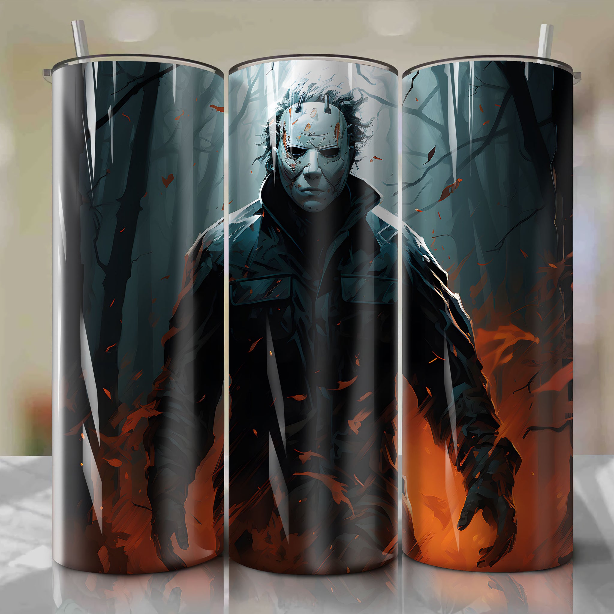 Tumbler Wrap for Michael Myers Halloween Design - Emotionless White Mask and Large Kitchen Knife - Dark and Eerie Atmosphere with Moonlit Backdrop - 20 oz Straight Tumblers