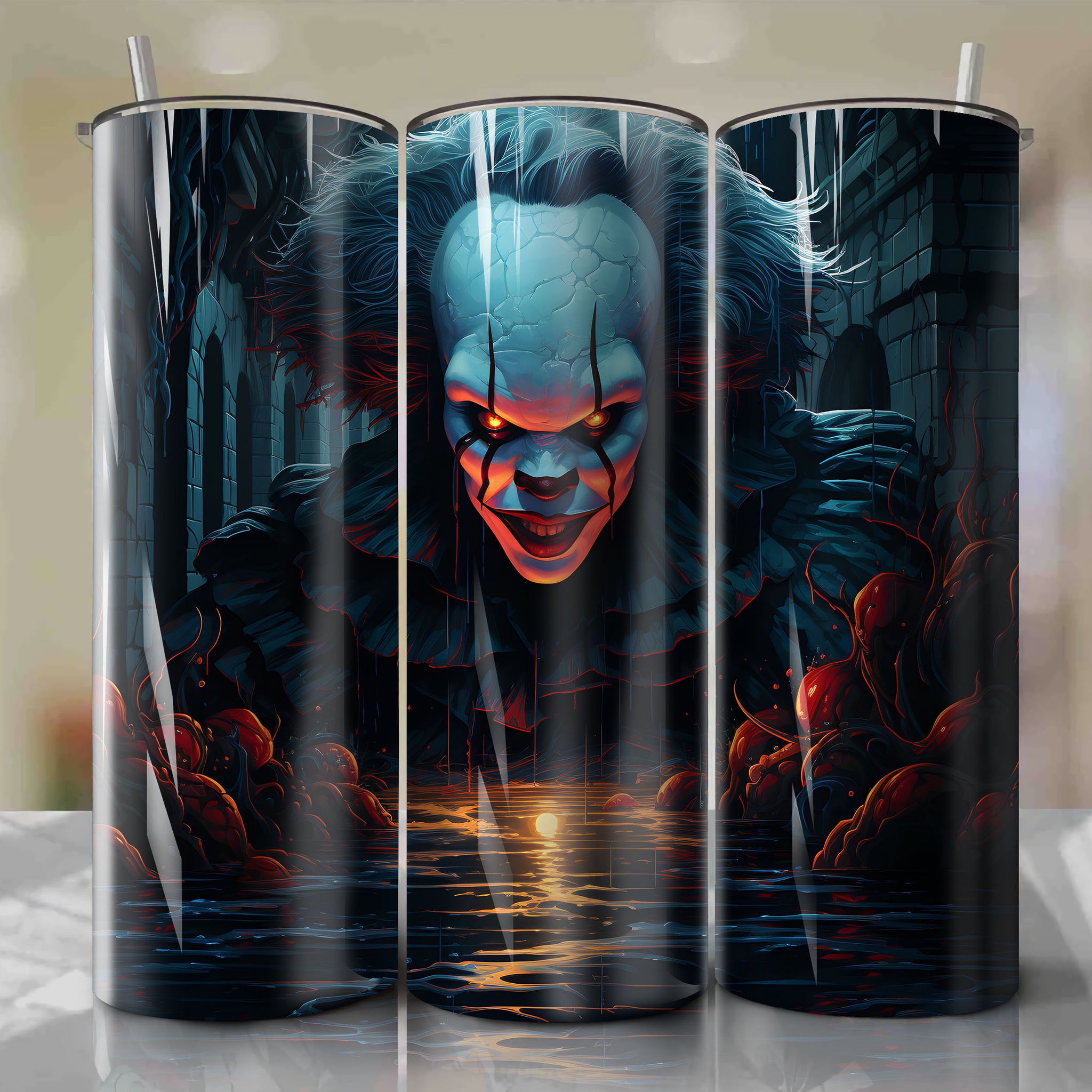 Tumbler Wrap: Pennywise IT Image Close-up with Sinister Blue Eyes and Chilling Smile for Derry Storm Drain Vibe