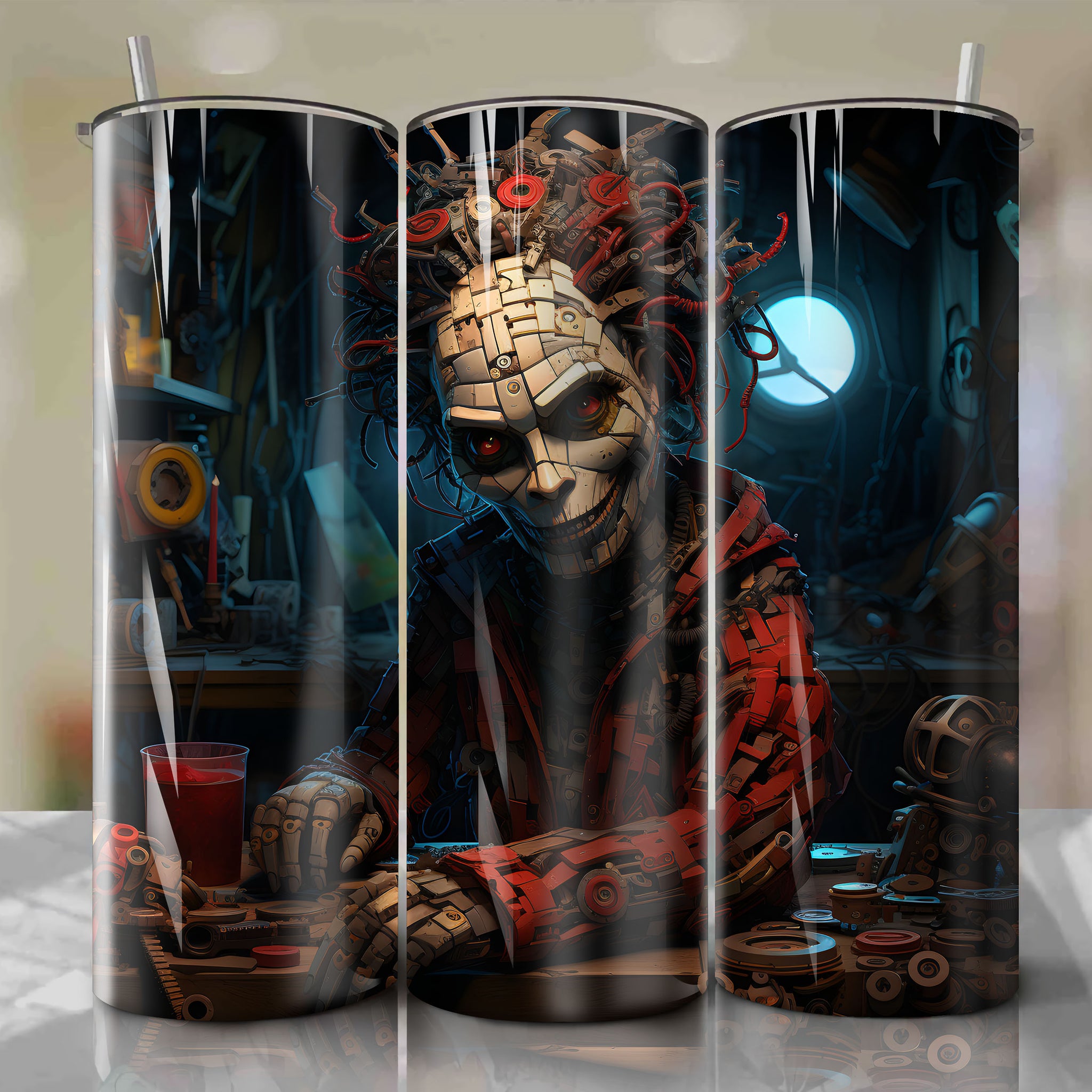 Tumbler Wrap for 20 oz Straight Tumblers | Jigsaw Saw Color Image | Creepy Puppet Face and Tricycle Tumbler Wrap