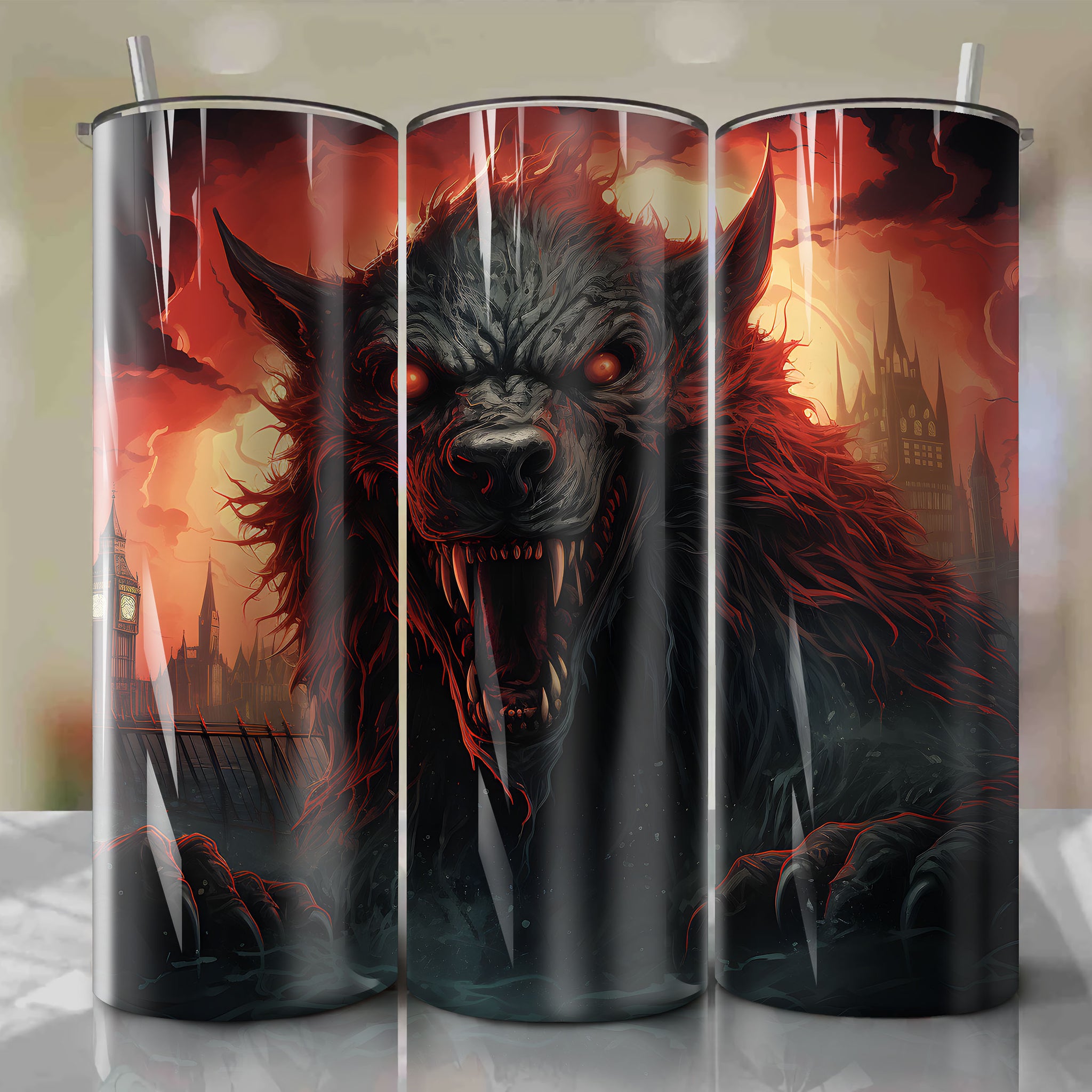 Tumbler Wrap - American Werewolf in London - Terrifying Werewolf Lurking in Fog - Misty City Streets