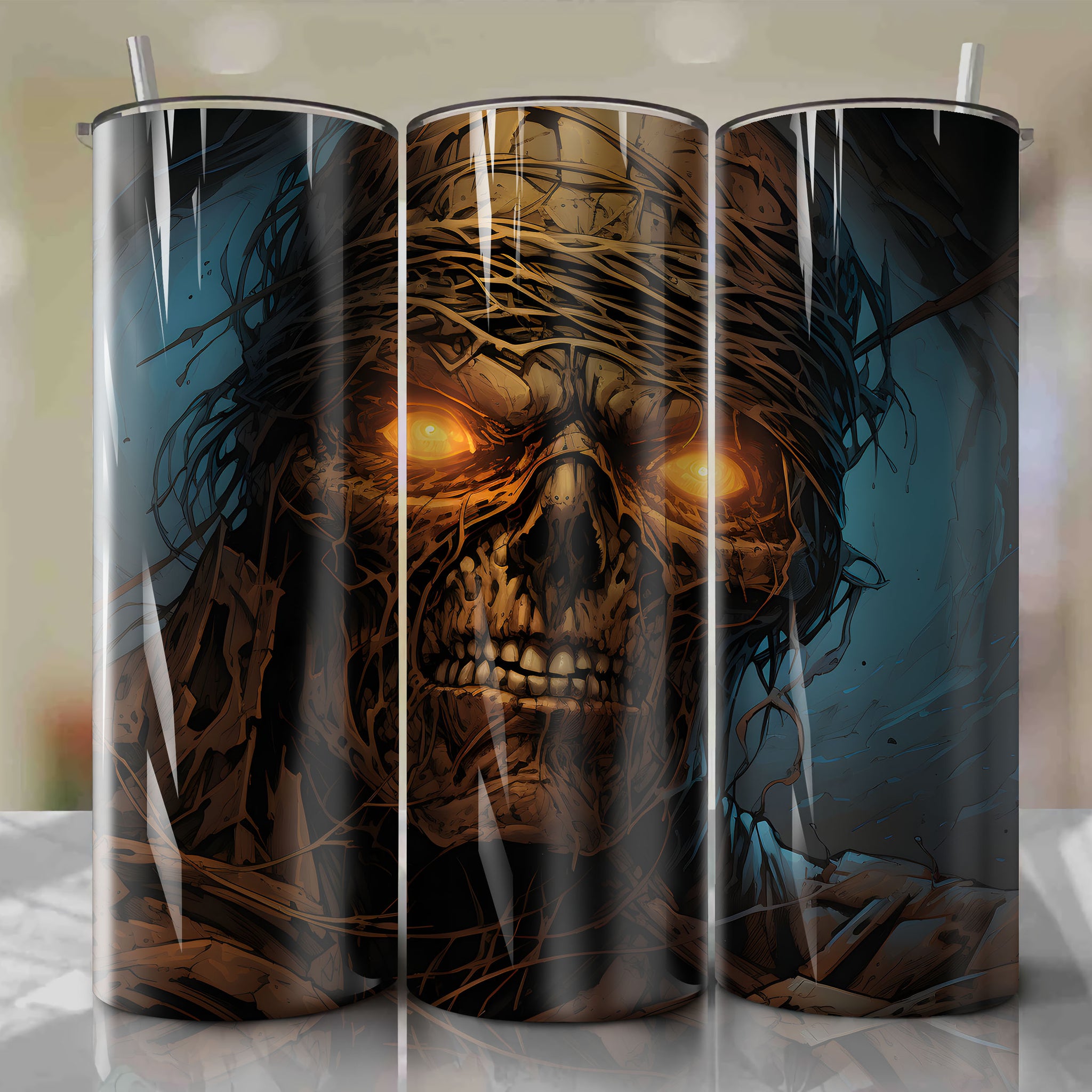 Digital PNG Tumbler Wrap: Mummy Face Horror Illustration for 20 oz Straight Tumblers