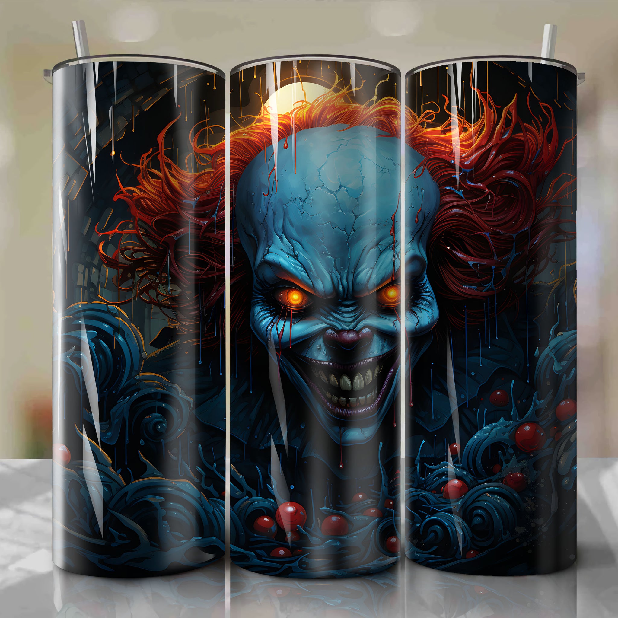 Pennywise: Close-Up Colored Tumbler Wrap with Chilling Blue Eyes and Sinister Smile - Haunting and Waterlogged Ambiance