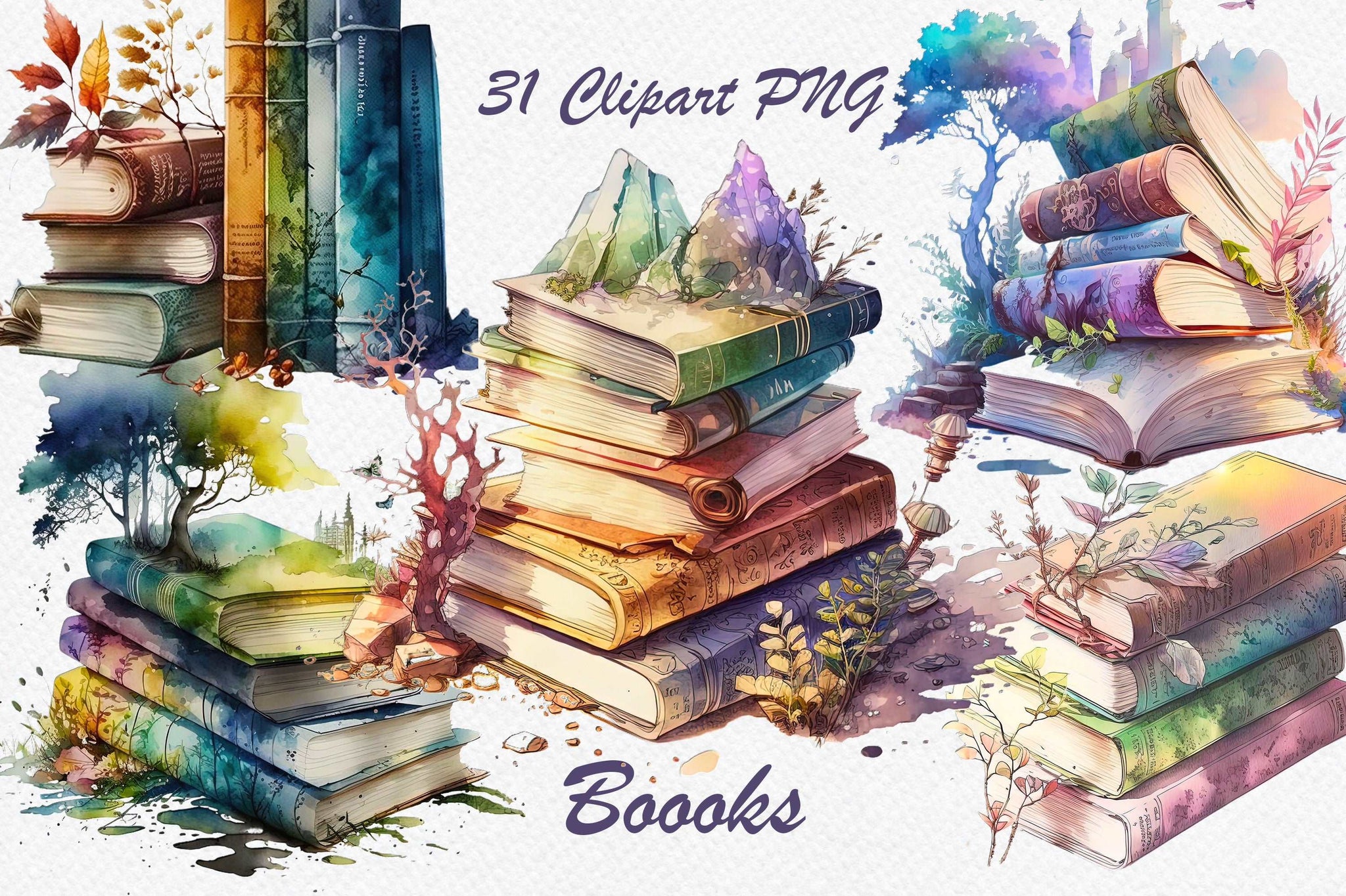 Book clipart, books bundle, reading clipart, library clipart, old books. Retro scrapbooking. Digital watercolor. png. Free commercial use.