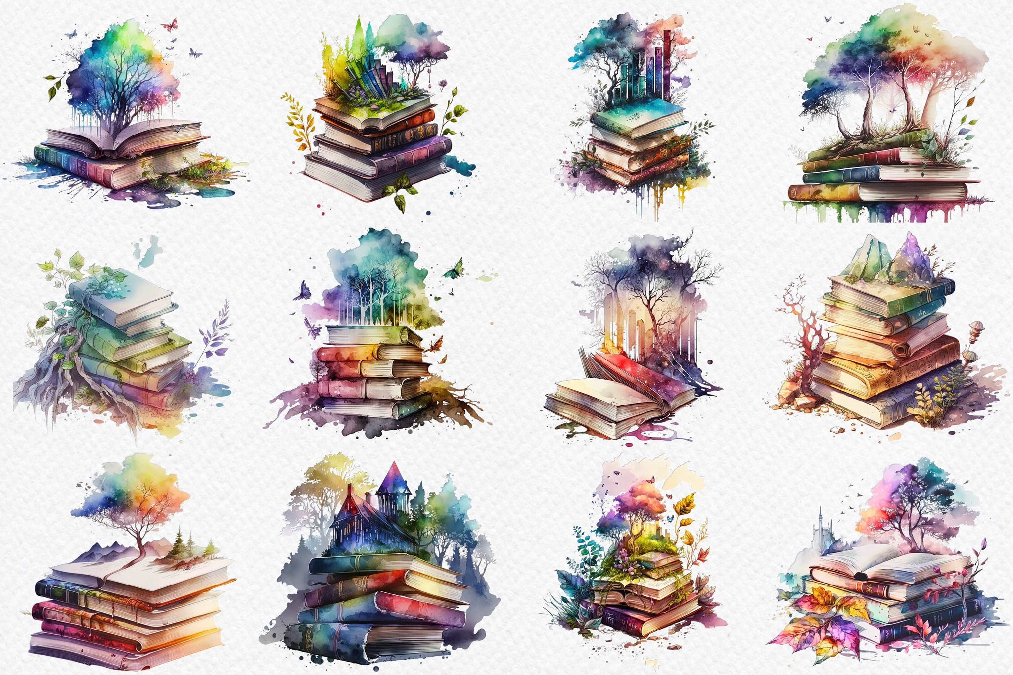 PNG Watercolor Fantasy Books Clipart, Open Book Clip Art, Book Bundle PNG,  vintage books stacklibrary clip art, old books, Magic Books