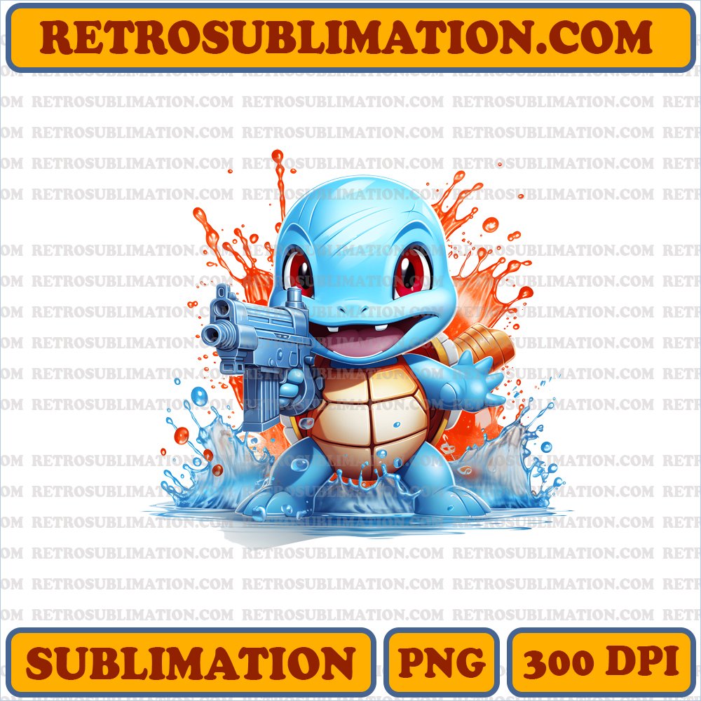 Playful Squirtle Water Gun Spraying PNG Digital Download - Halloween Sublimation
