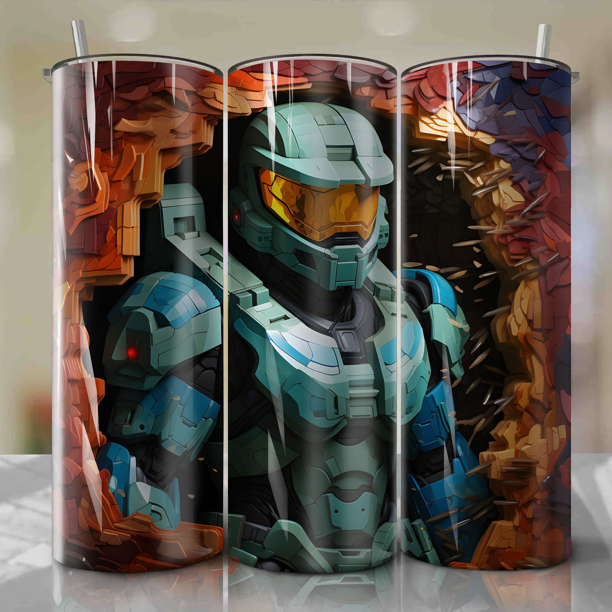 Master Chief 20 Oz Tumbler Wrap - Vibrant and Captivating 3D Design by Dan Mumford
