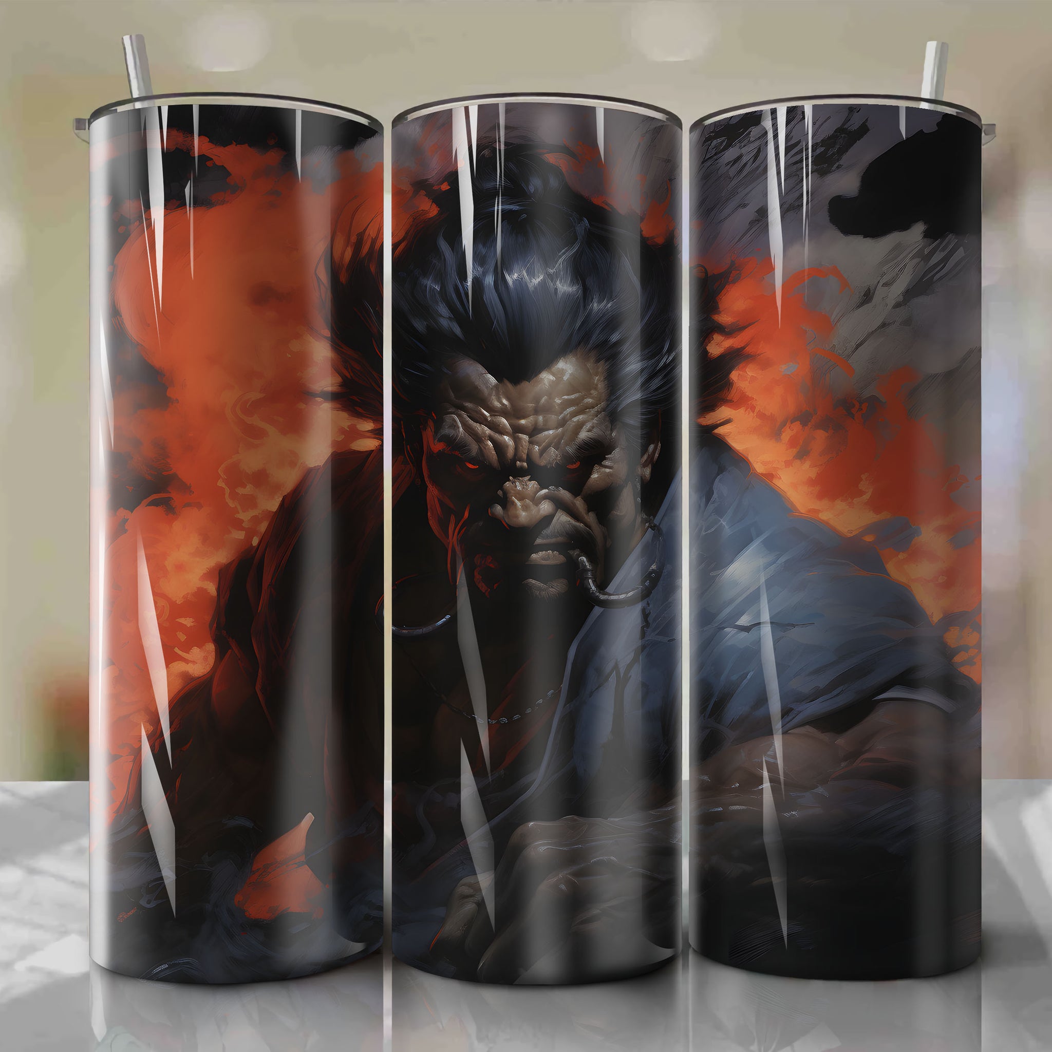 Harbinger of Destruction: Akuma Unleashes a Raging Demon - A Dynamic 20 Oz Tumbler Wrap
