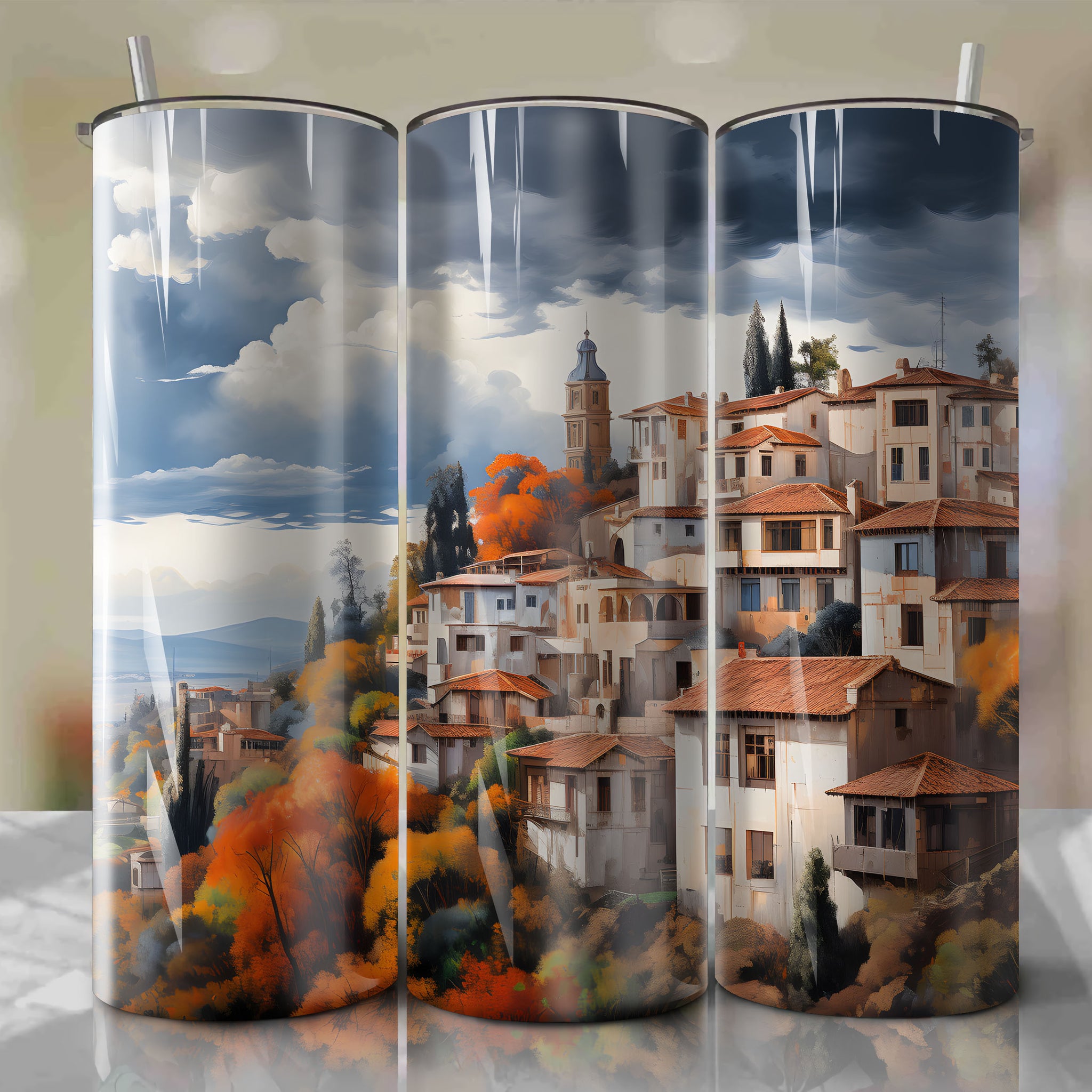 Tumbler Wrap - Autumn Overcast Scene in Cuenca, Ecuador with Bold Oil Painting Techniques
