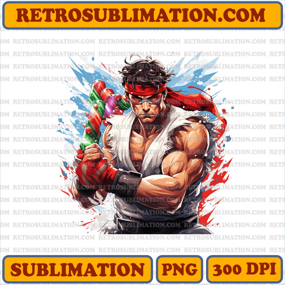 Christmas Ryu - Street Fighter Breaking Candy Cane - Powerful Punch - Cartoon PNG Digital Download
