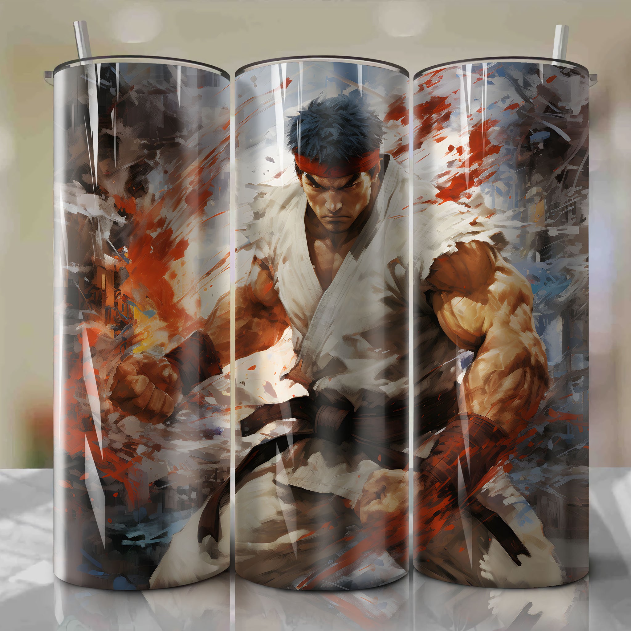 Dynamic Ryu in White Gi: An Energetic 20 Oz Tumbler Wrap
