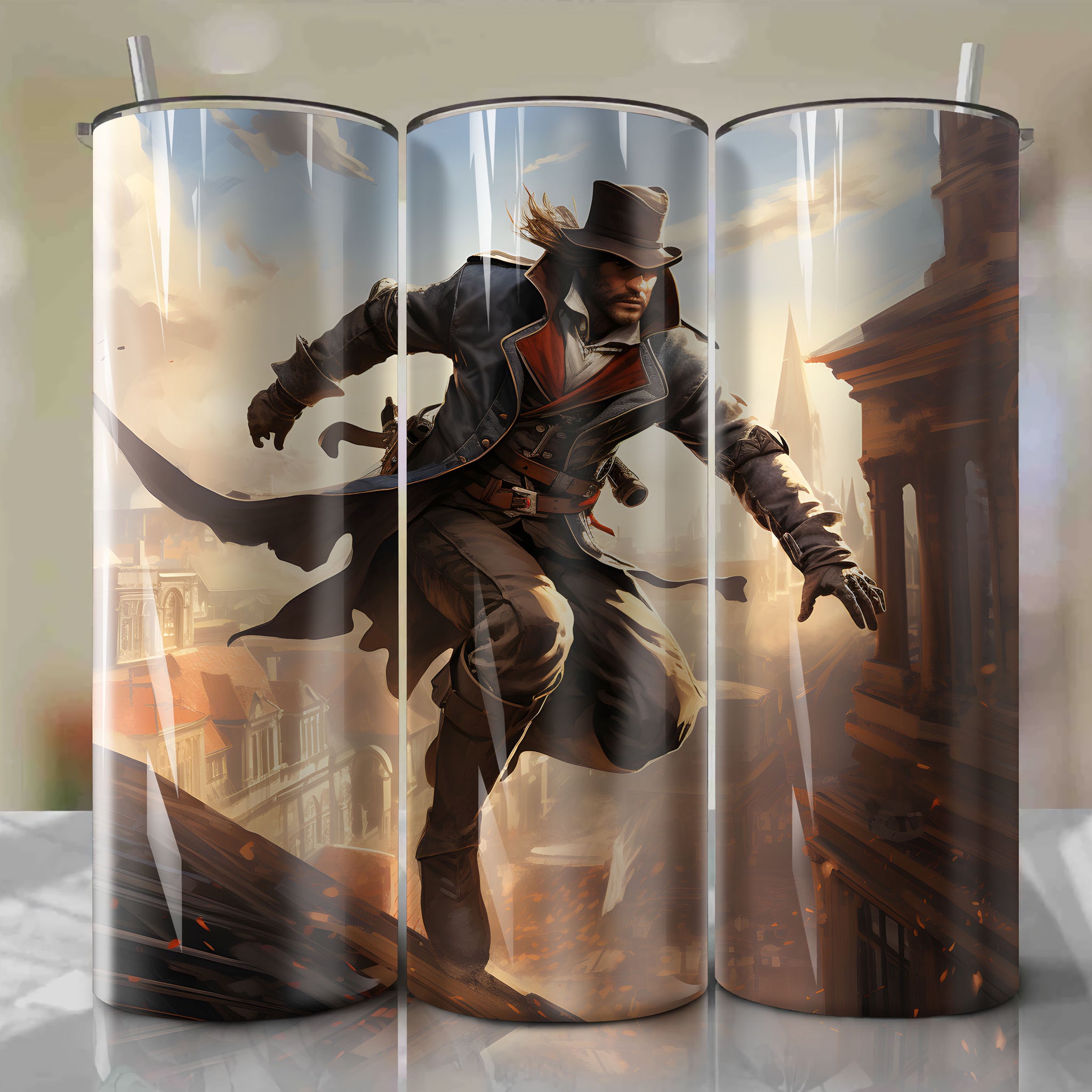 Assassin's Creed Inspired: Arno Dorian in a Dashing Leap - Mesmerizing 20 Oz Tumbler Wrap
