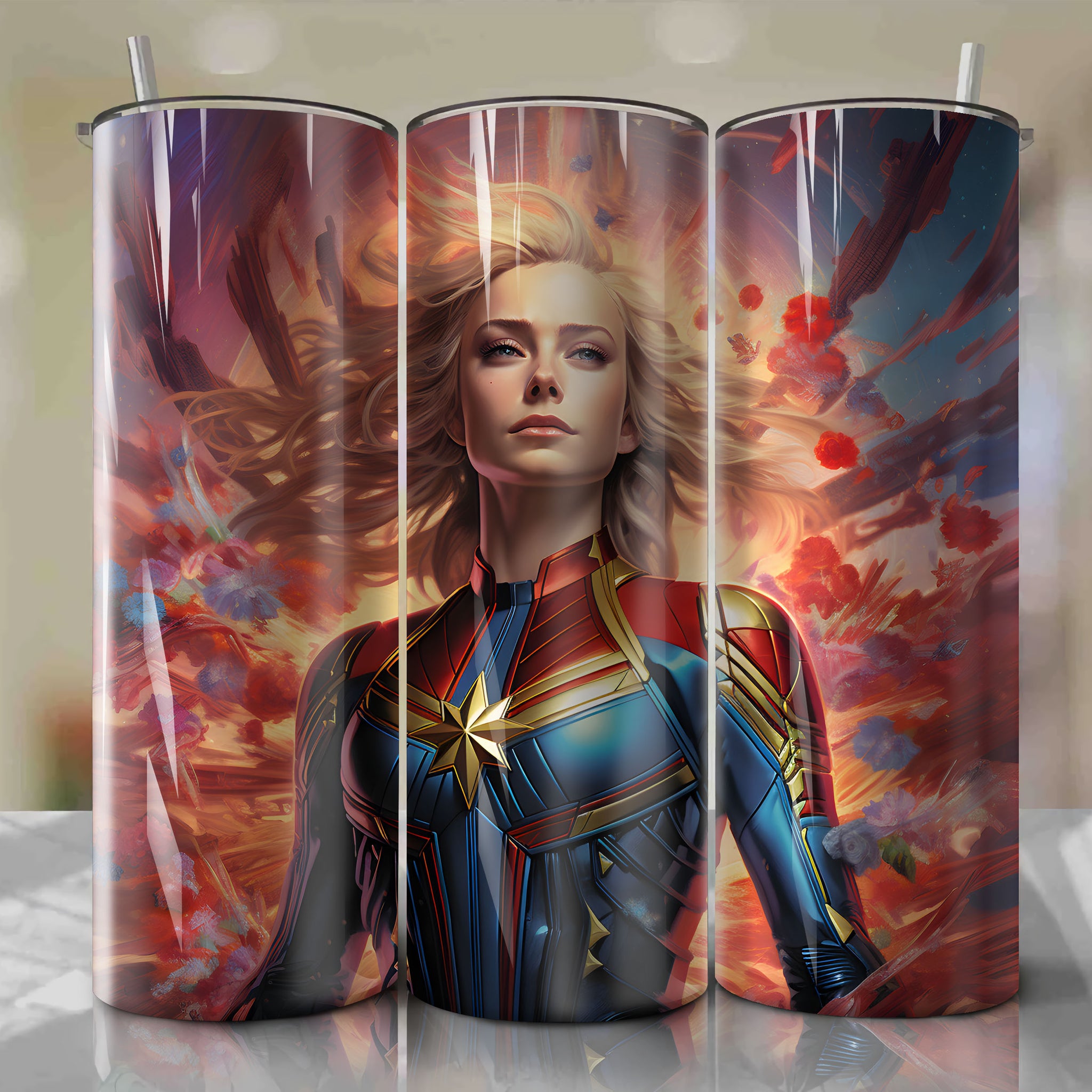 Captain Marvel 20 Oz Tumbler Wrap - Cosmic-Powered Avenger Emerging from a Wave of Energy
