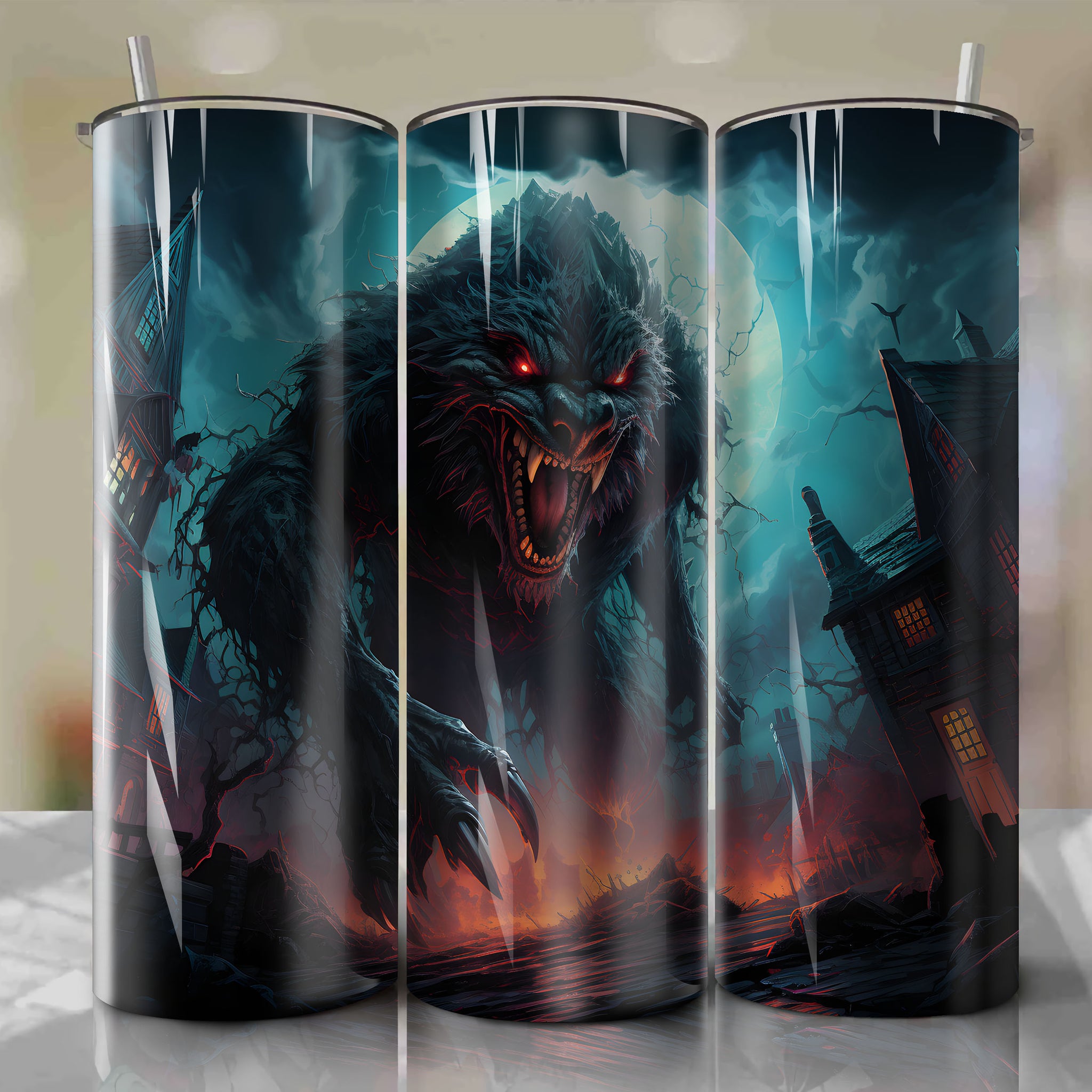 Haunting 3D Werewolf Artwork on 20 Oz Tumbler Wrap - Eerie Halloween Scene in Moonlit English Countryside
