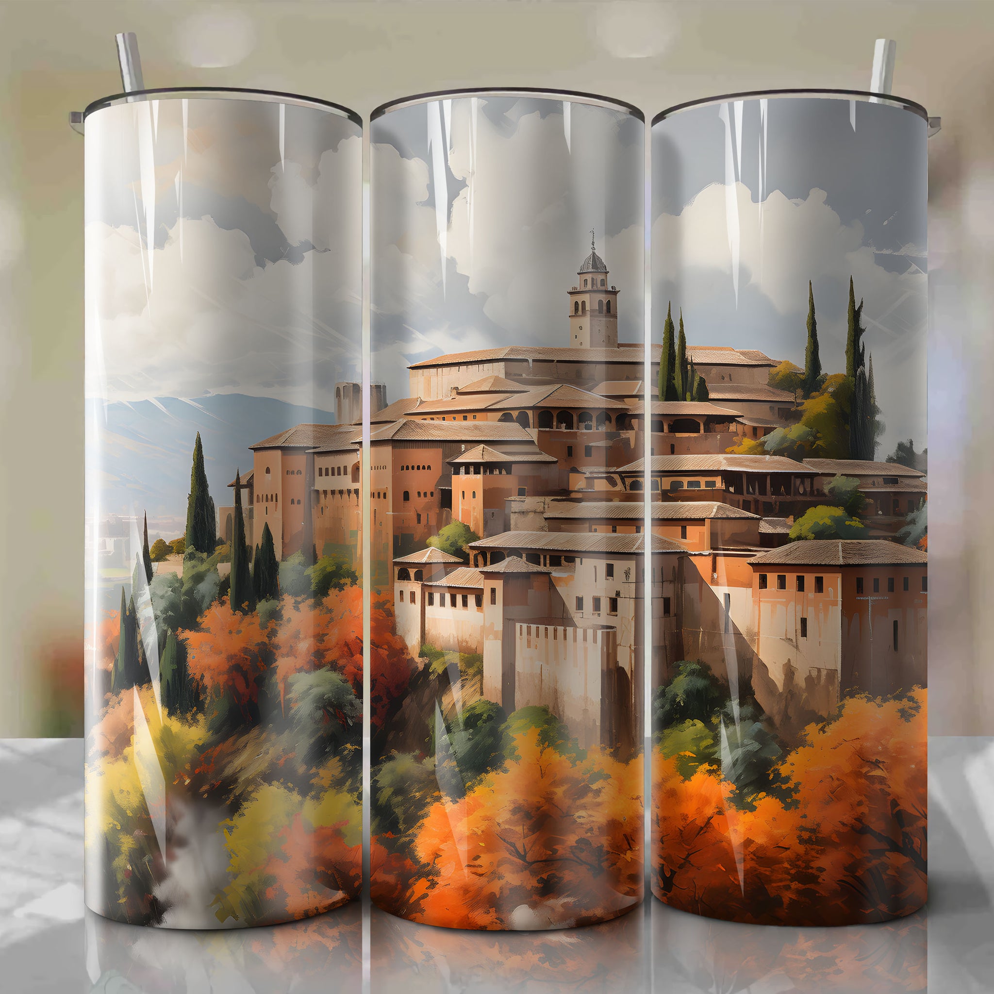 Tumbler Wrap - Alhambra in Autumn: Overcast Distant Shot with Bold Oil Painting Techniques
