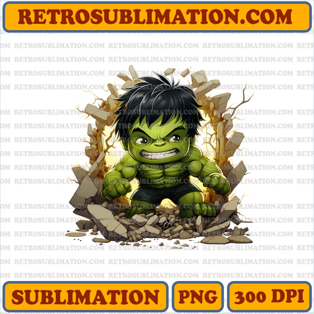 Angry Avenger Chibi Hulk PNG Digital Download - Adorable and Powerful Superhero - Smiling in a Tiny Wreckage - Unique Sublimation Design with Bold Typography
