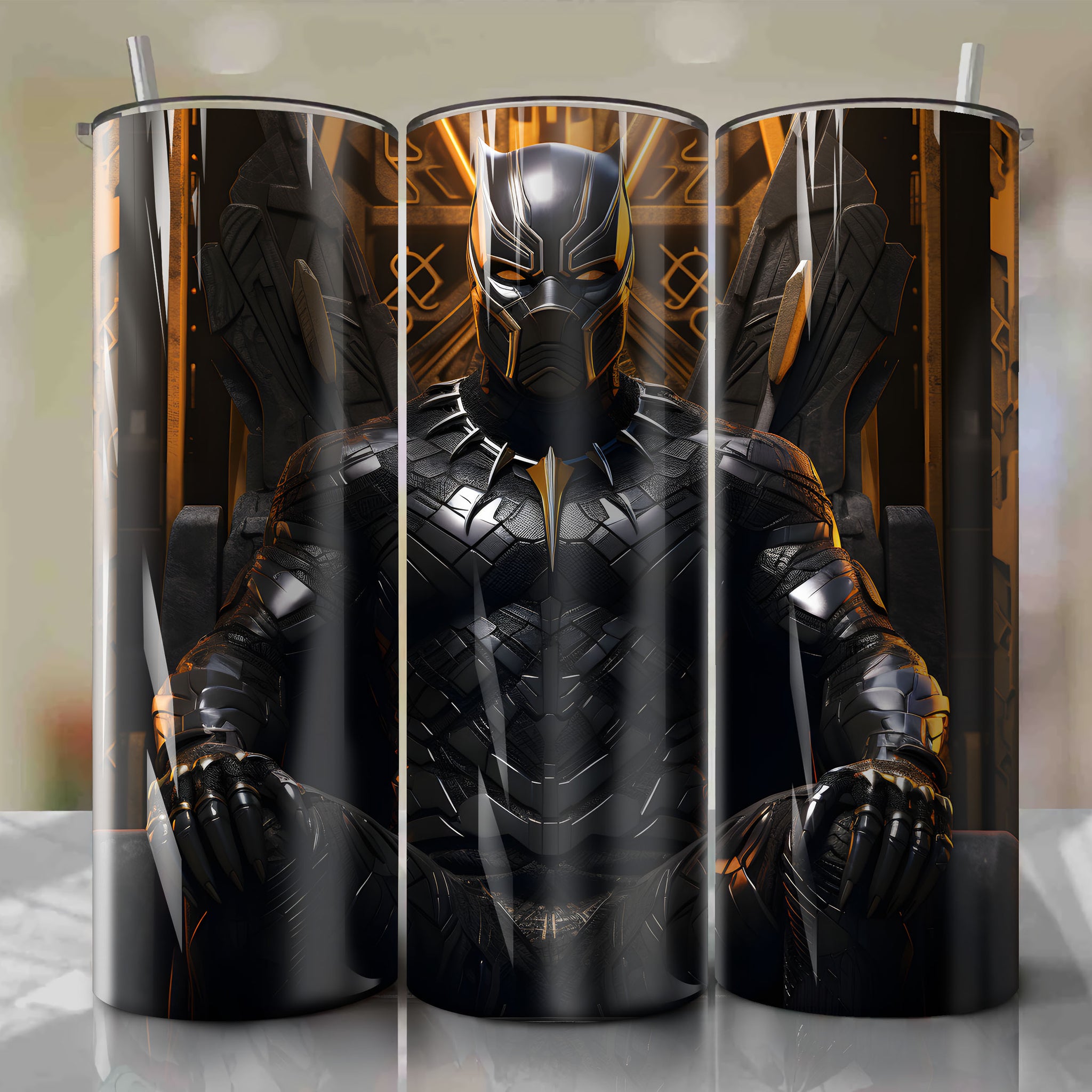 20 Oz Tumbler Wrap: Black Panther Emerges from Wakanda's Mines with Geometric Patterns and Vibrant Colors
