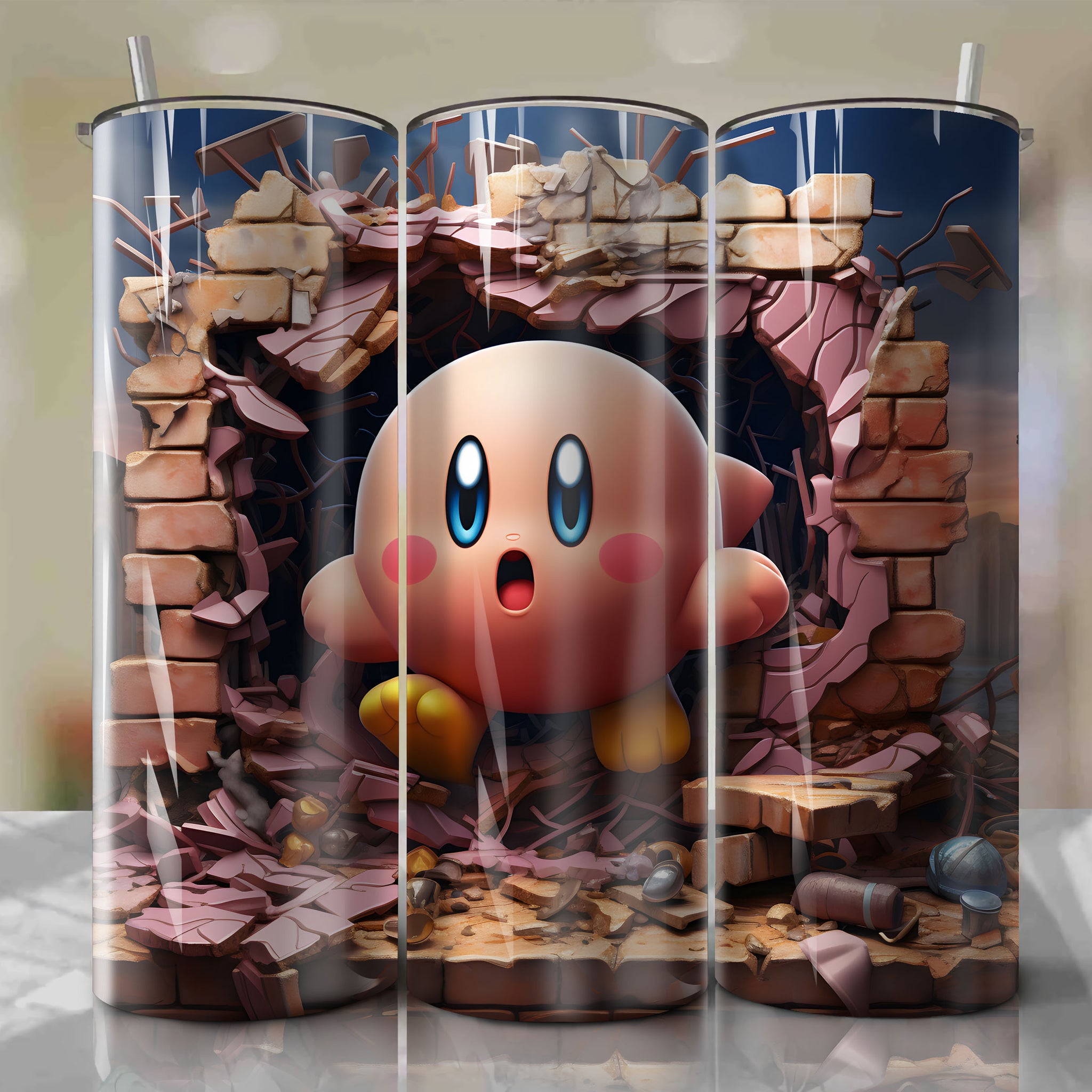 Kirby 3D Art Tumbler Wrap - Cute Hero Emerging from Cracked Dream Land | Limited Edition Design
